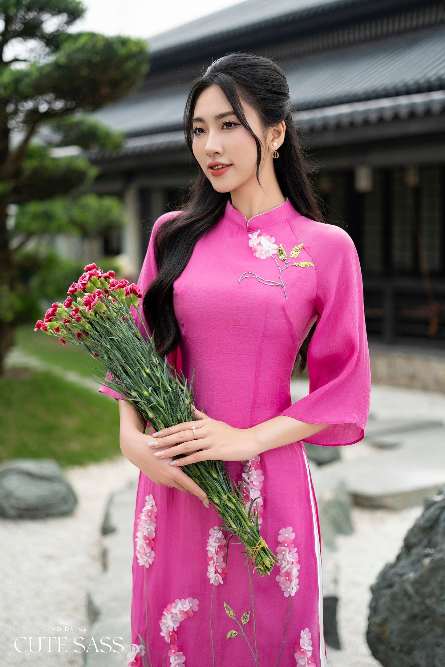 Magenta Embroidery Chiffon Ao Dai Set