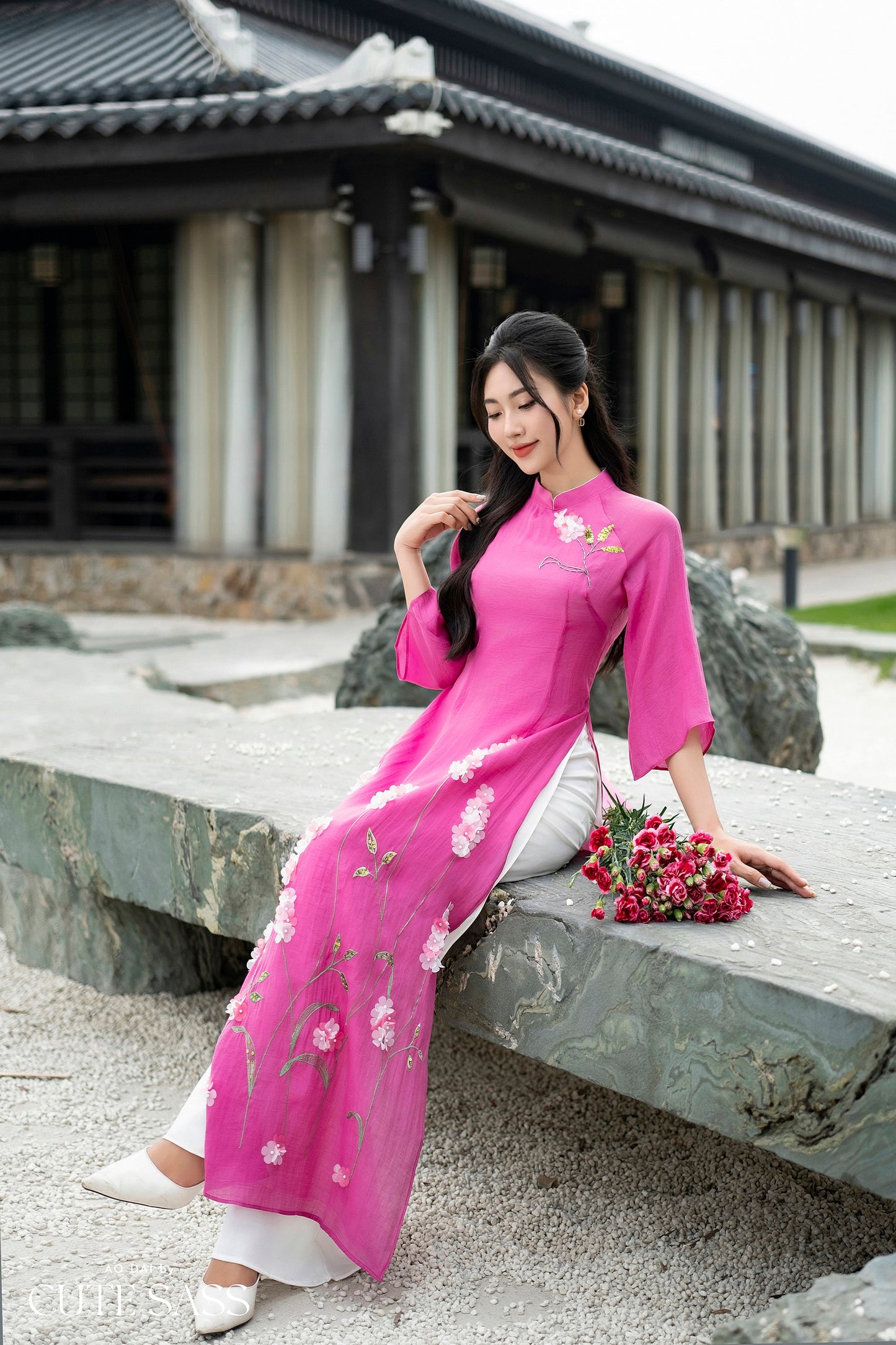 Magenta Embroidery Chiffon Ao Dai Set