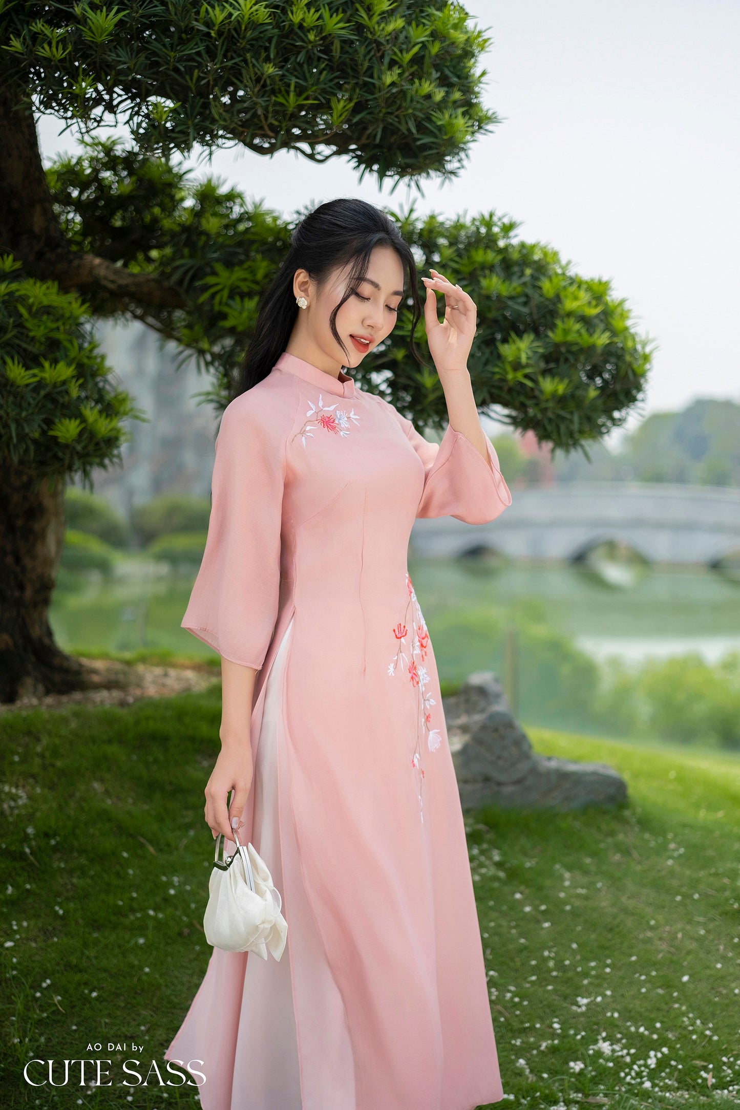 Light Pink Embroidery Chiffon Ao Dai Set