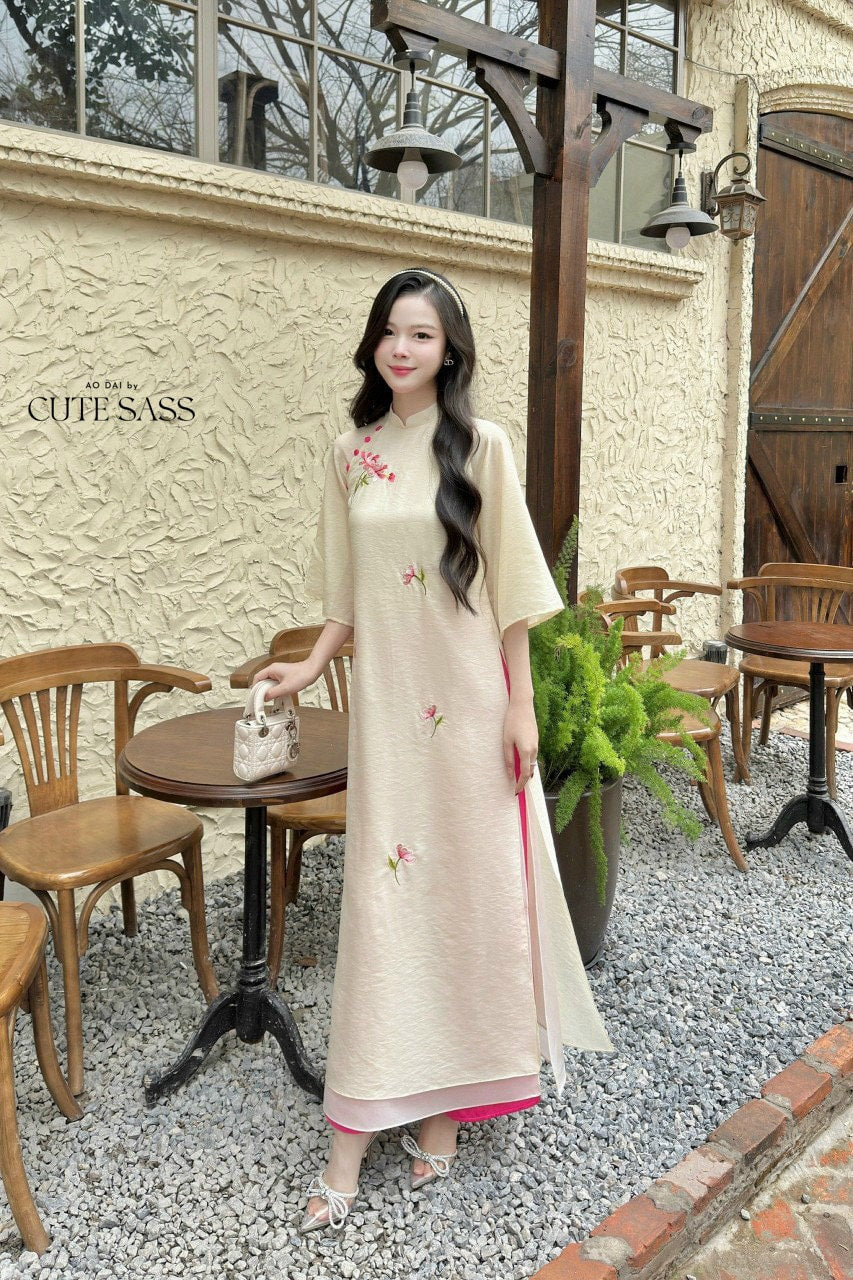 Cream Button Embroidery Ao Dai Set |Pre-made Modernized Vietnamese Ao Dai| Ao Dai with Pants | Lunar New Year| Ao Dai Truyen Thong|11B