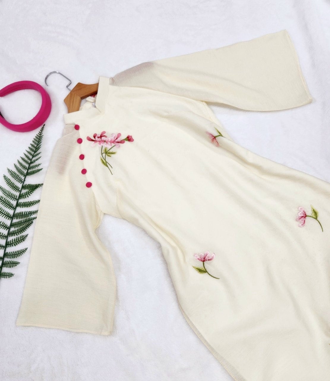 Cream Button Embroidery Ao Dai Set |Pre-made Modernized Vietnamese Ao Dai| Ao Dai with Pants | Lunar New Year| Ao Dai Truyen Thong|11B