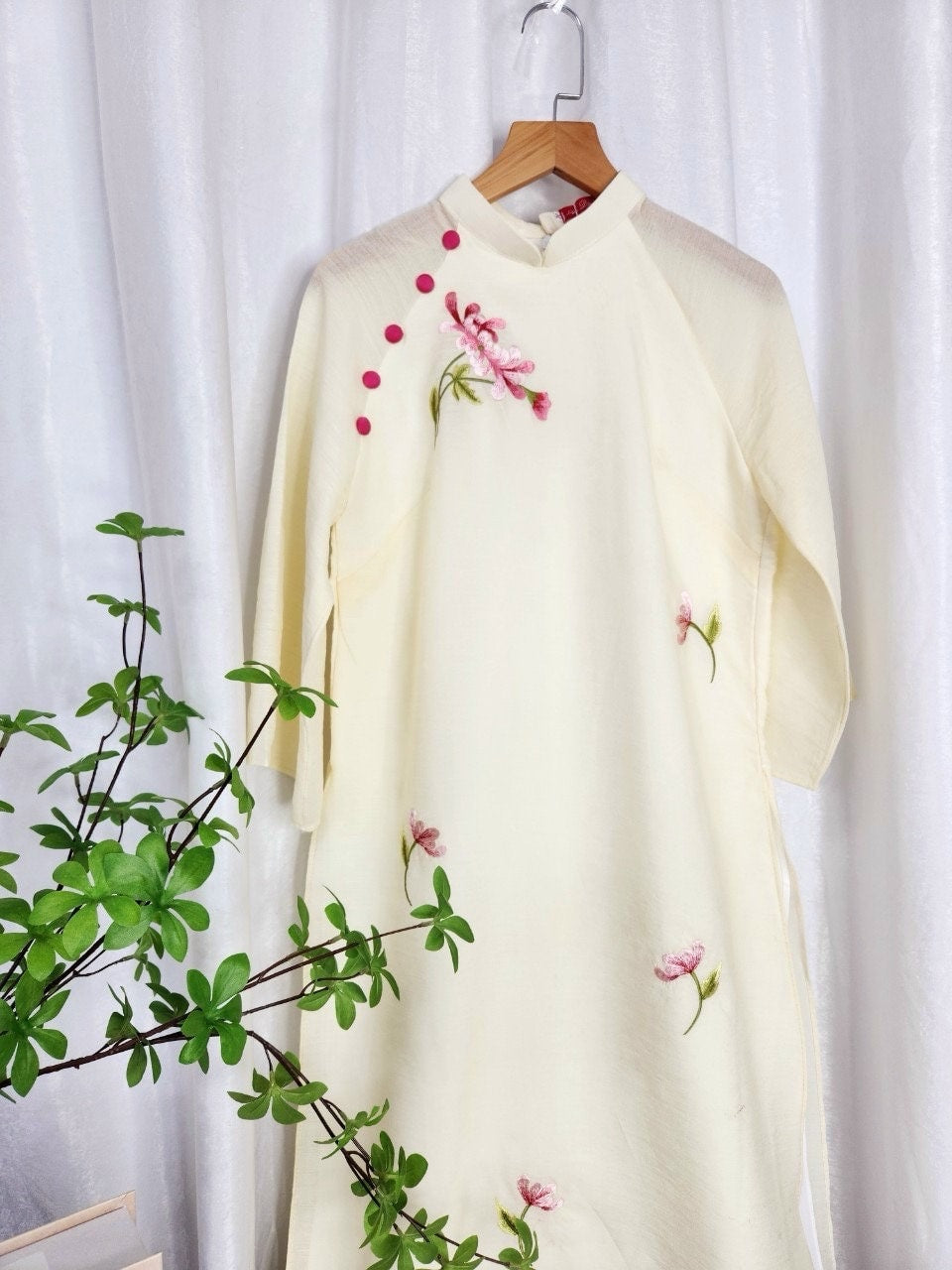 Cream Button Embroidery Ao Dai Set |Pre-made Modernized Vietnamese Ao Dai| Ao Dai with Pants | Lunar New Year| Ao Dai Truyen Thong|11B