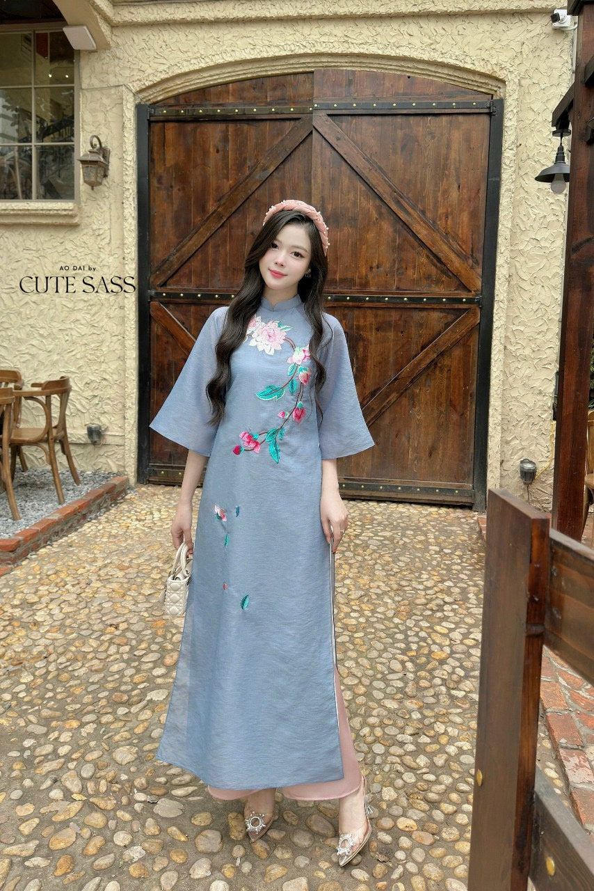 Blue Embroidery Blossoms Ao Dai Set |Pre-made Modernized Vietnamese Ao Dai| Ao Dai with Pants | Lunar New Year| Ao Dai Truyen Thong|11-12B