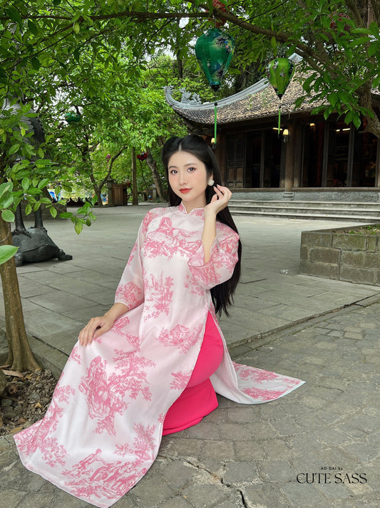 Pink Printed Scenery Ao Dai Set |Pre-made Modernized Vietnamese Ao Dai| Ao Dai with Pants | Lunar New Year| Ao Dai Truyen Thong| 31A