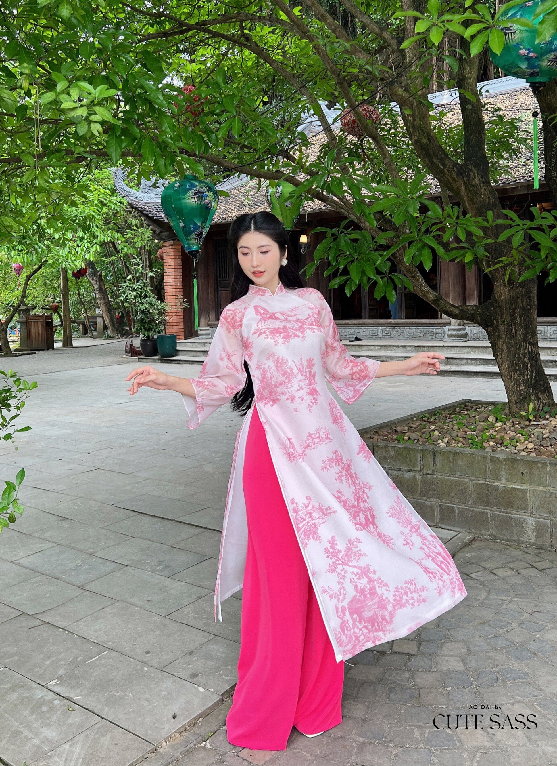 Pink Printed Scenery Ao Dai Set |Pre-made Modernized Vietnamese Ao Dai| Ao Dai with Pants | Lunar New Year| Ao Dai Truyen Thong| 31A