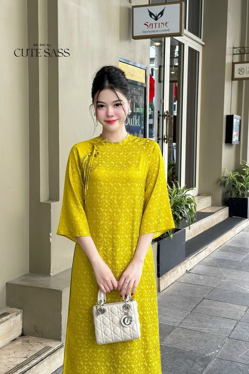 Palm Patterned Gam with Pearl Neckline Ao Dai Set |Pre-made Modernized Vietnamese Ao Dai with Pants | Lunar New Year |8E,D