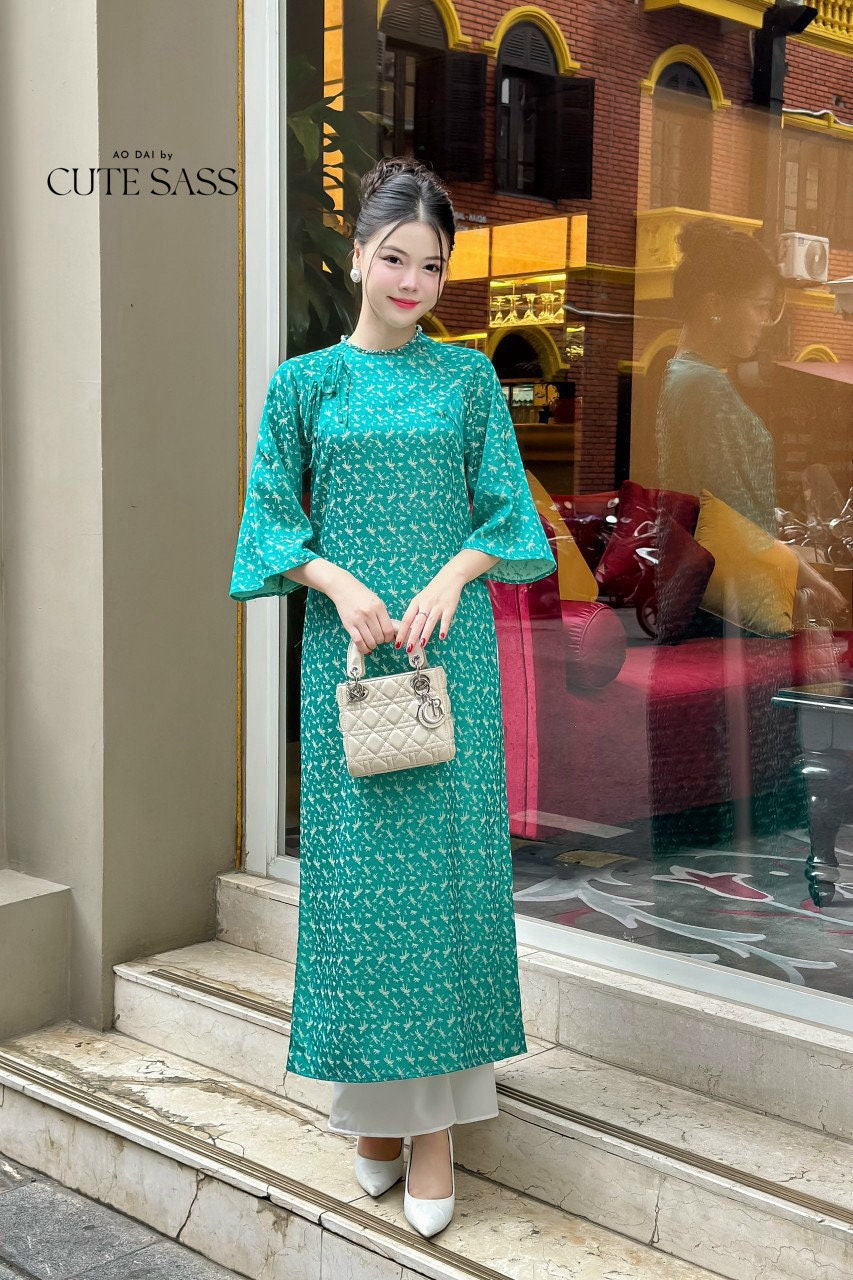 Palm Patterned Gam with Pearl Neckline Ao Dai Set |Pre-made Modernized Vietnamese Ao Dai with Pants | Lunar New Year |8E,D