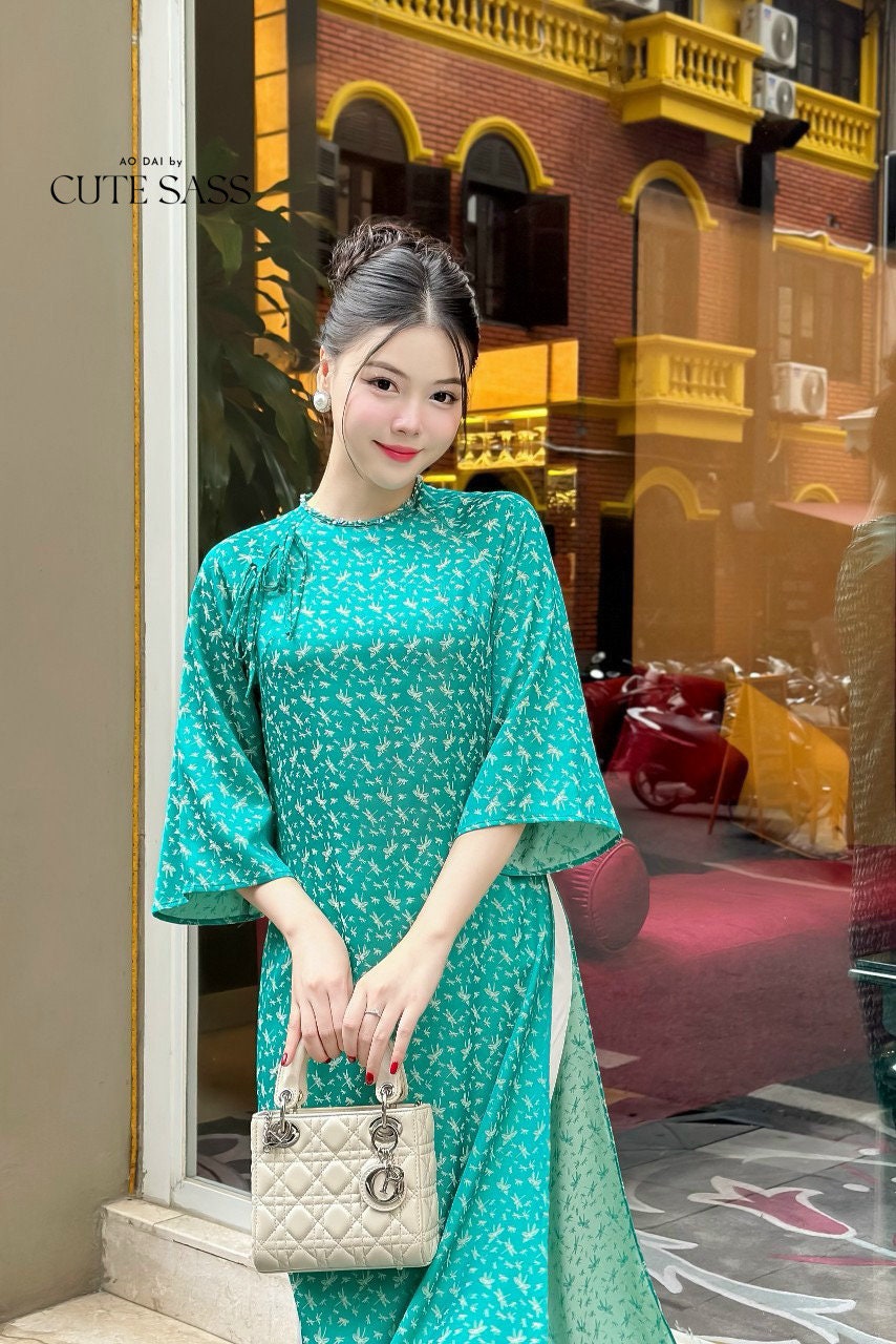 Palm Patterned Gam with Pearl Neckline Ao Dai Set |Pre-made Modernized Vietnamese Ao Dai with Pants | Lunar New Year |8E,D