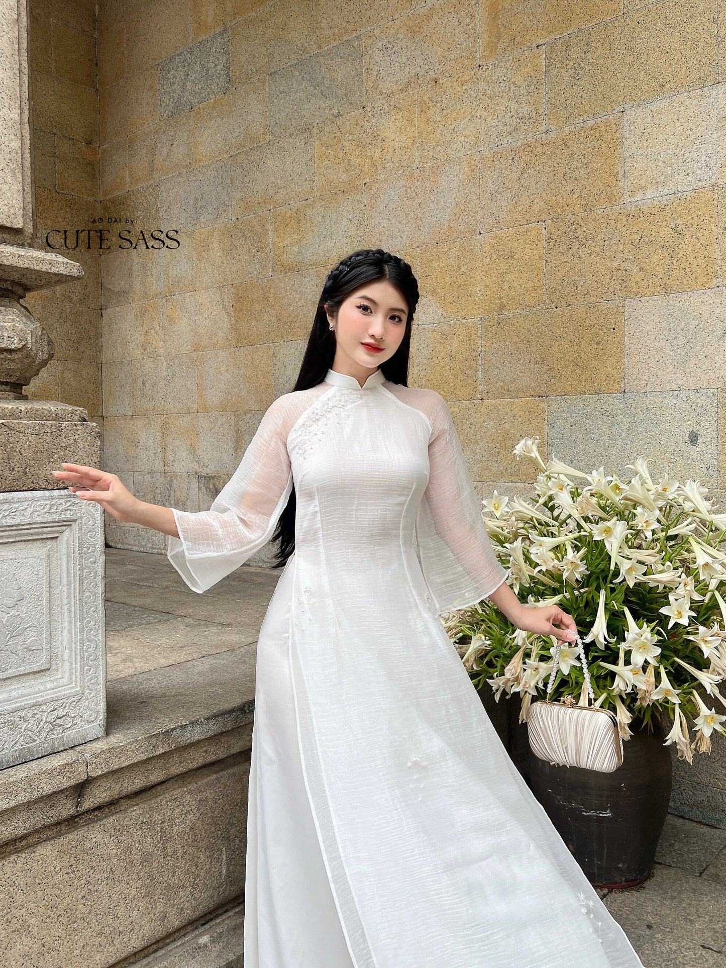 White Sparkle Daisy Ao Dai Set