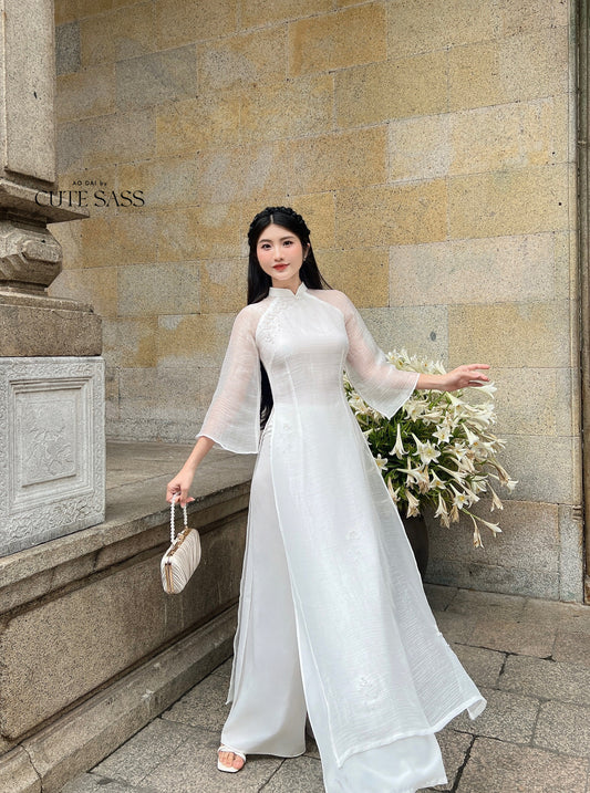 White Sparkle Daisy Ao Dai Set