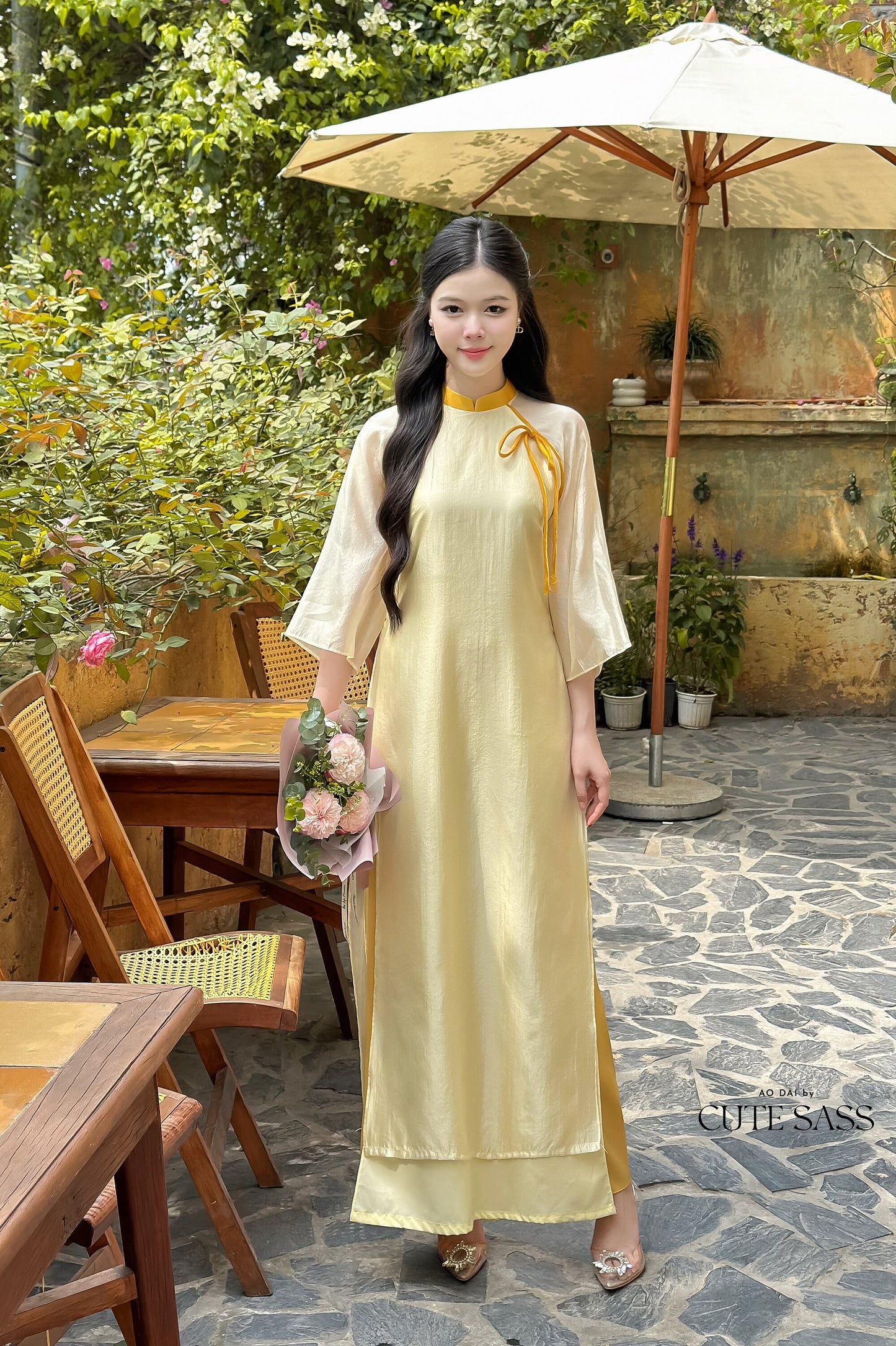 Sheer Shifted Chiffon Bow Ao Dai Set (3 Colors) |Pre-made Modernized Vietnamese Ao Dai| Ao Dai with Pants | Lunar New Year|33B,34-36C