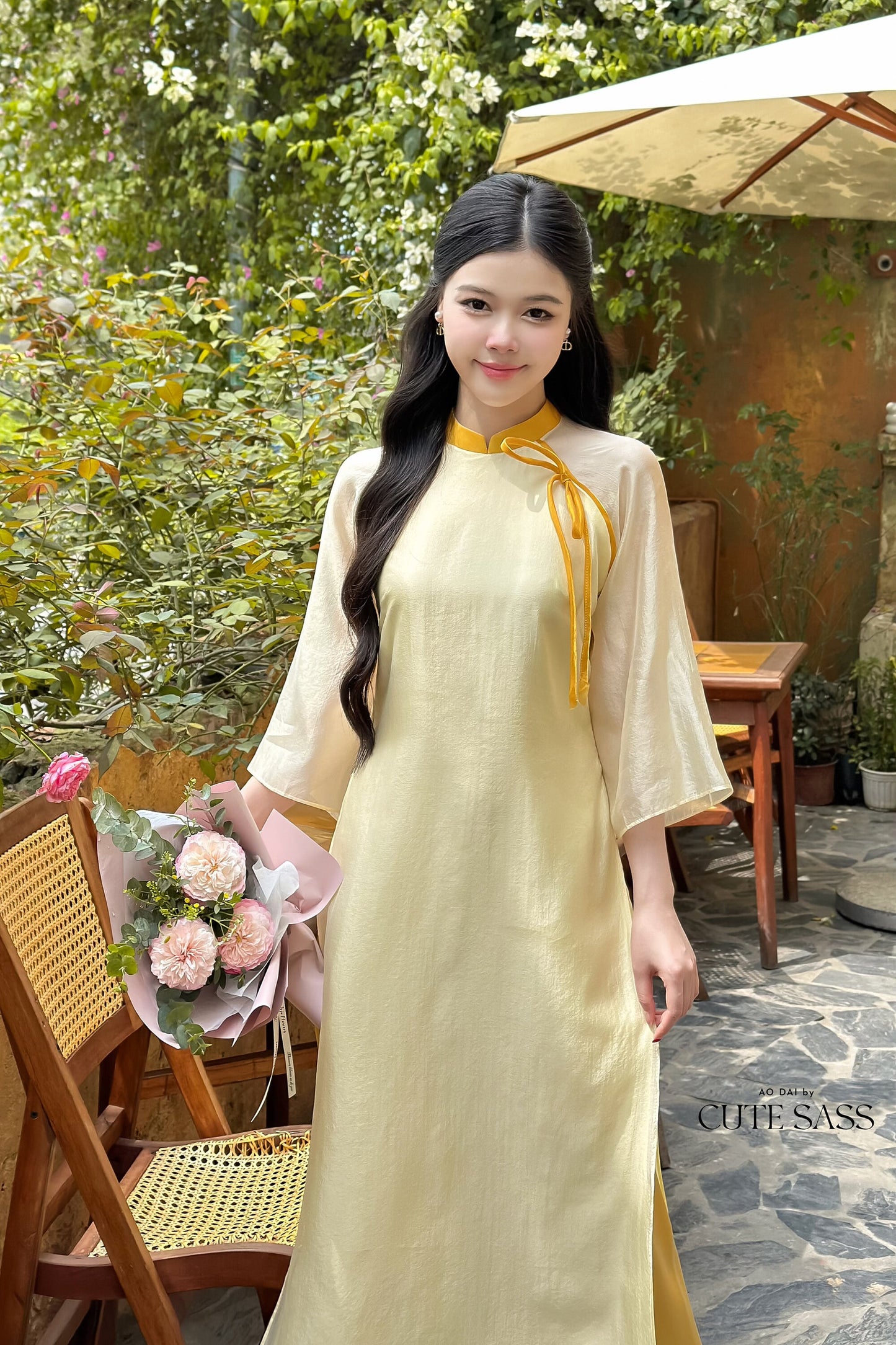 Sheer Shifted Chiffon Bow Ao Dai Set (3 Colors) |Pre-made Modernized Vietnamese Ao Dai| Ao Dai with Pants | Lunar New Year|33B,34-36C