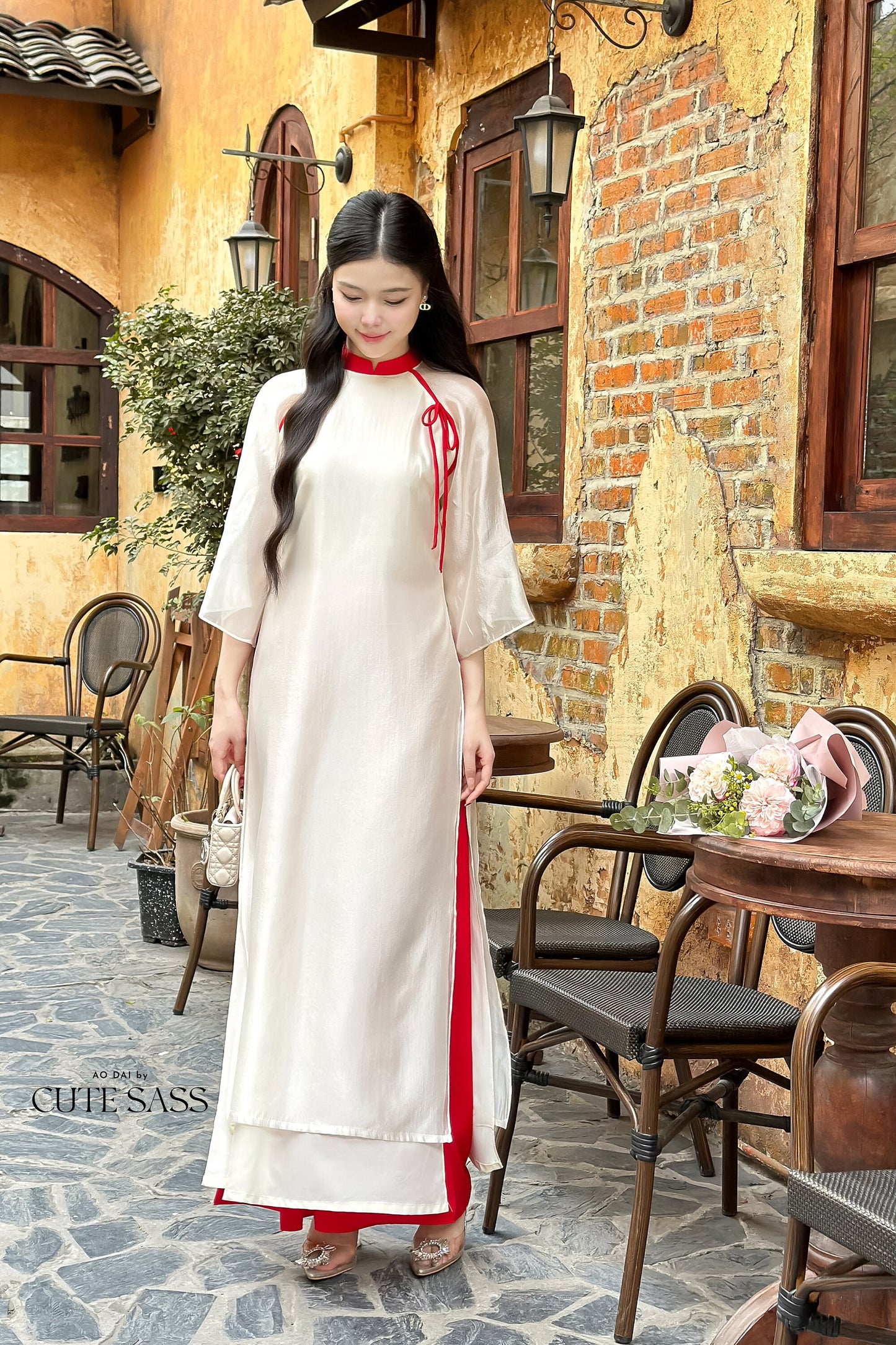 Sheer Shifted Chiffon Bow Ao Dai Set (3 Colors) |Pre-made Modernized Vietnamese Ao Dai| Ao Dai with Pants | Lunar New Year|33B,34-36C