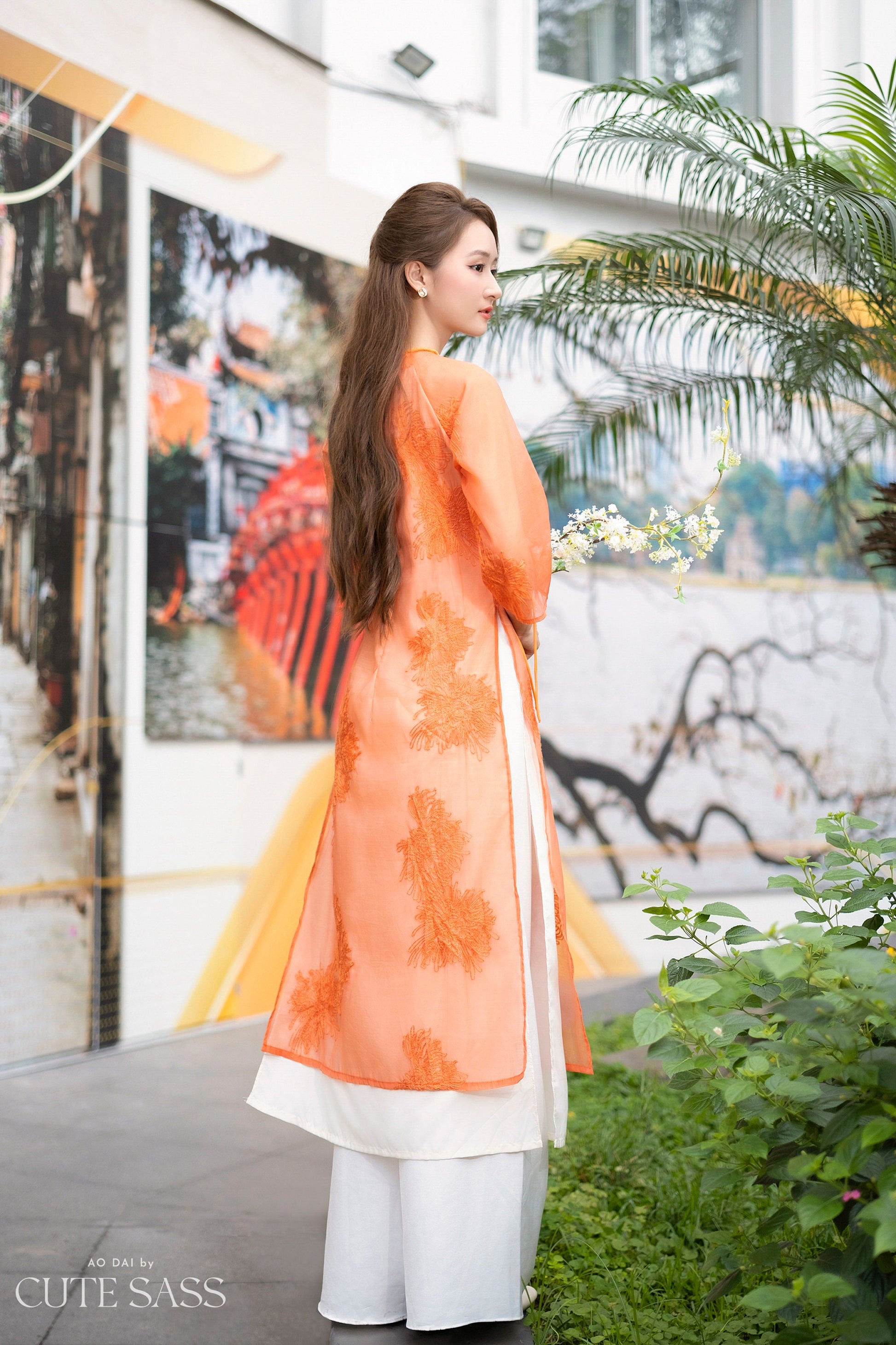 Shifted Orange Chiffon Embroidery Ao Dai Top Only, NO PANTS