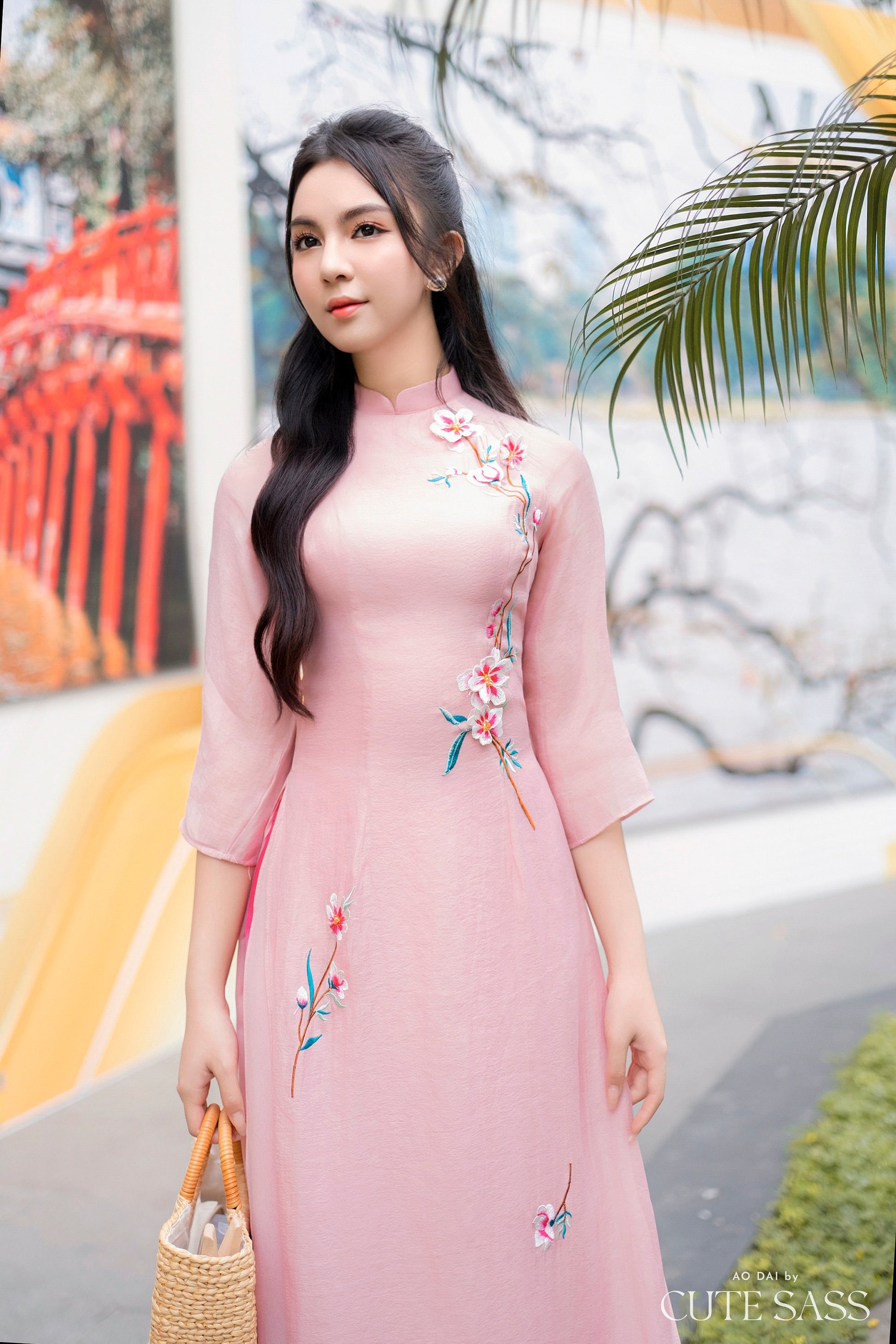 Light Pink 3D Blossoms Chiffon Ao Dai Set |Pre-made Modernized Vietnamese Ao Dai| Ao Dai with Pants | Lunar New Year| Ao Dai Truyen Thong|