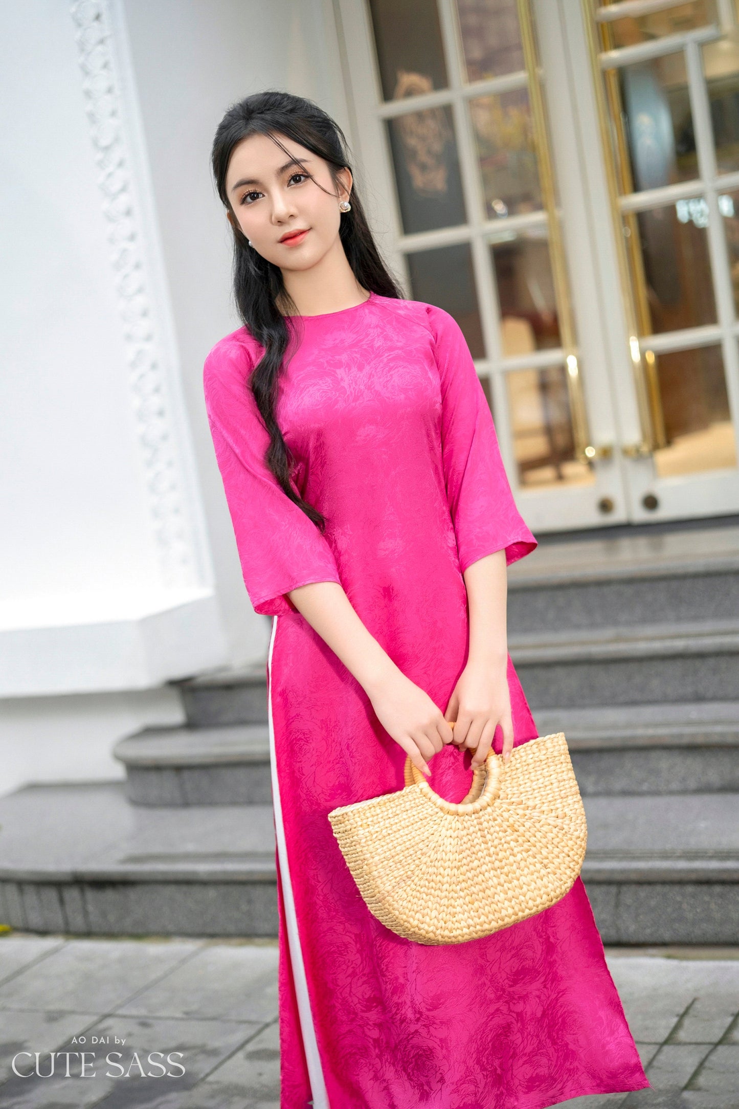 Shifted Purple and Pink Rose Gam Ao Dai