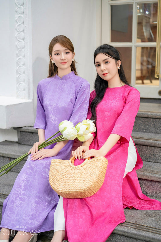 Shifted Purple and Pink Rose Gam Ao Dai