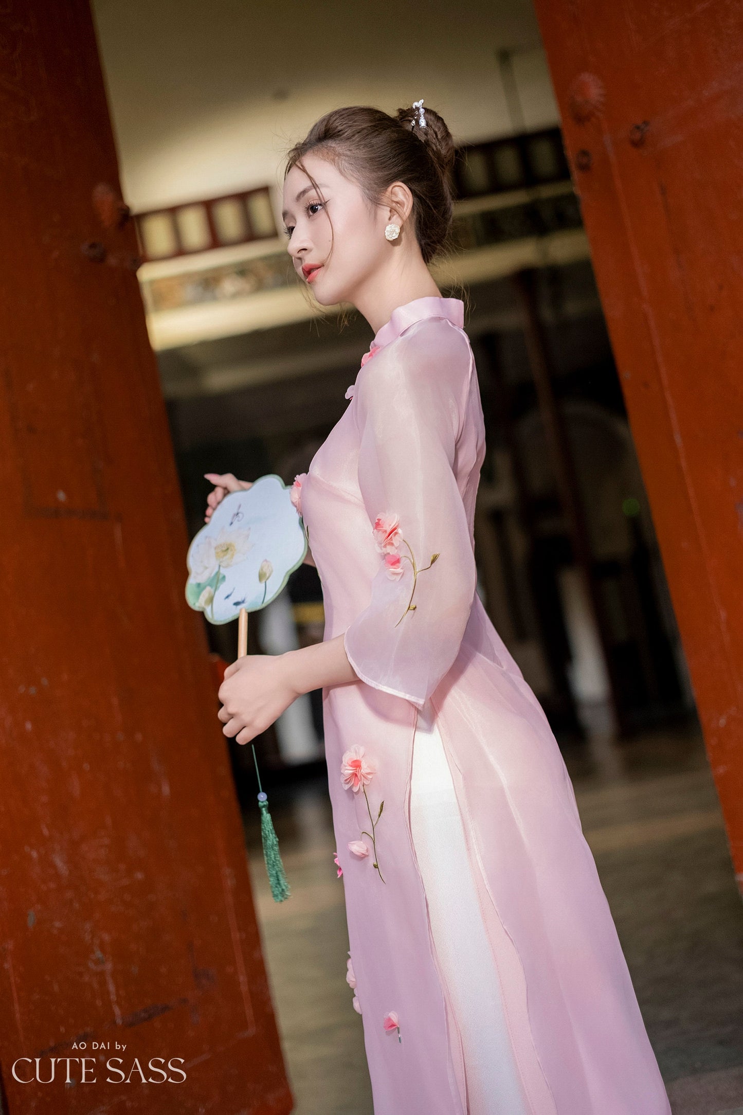 Pink 3D Blossoms Ao Dai Set
