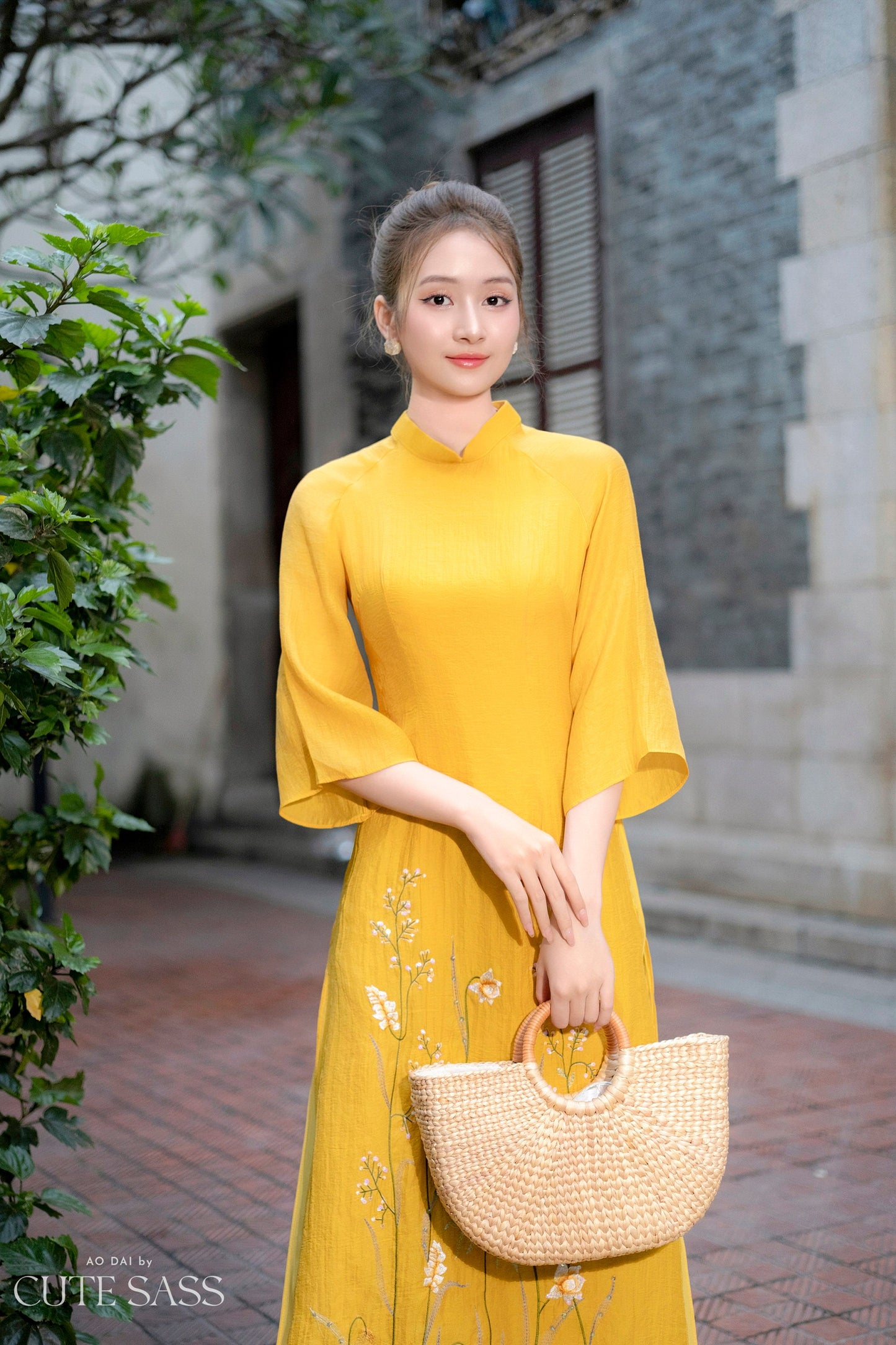 Yellow Embroidery Chiffon Ao Dai Set |Pre-made Modernized Vietnamese Ao Dai