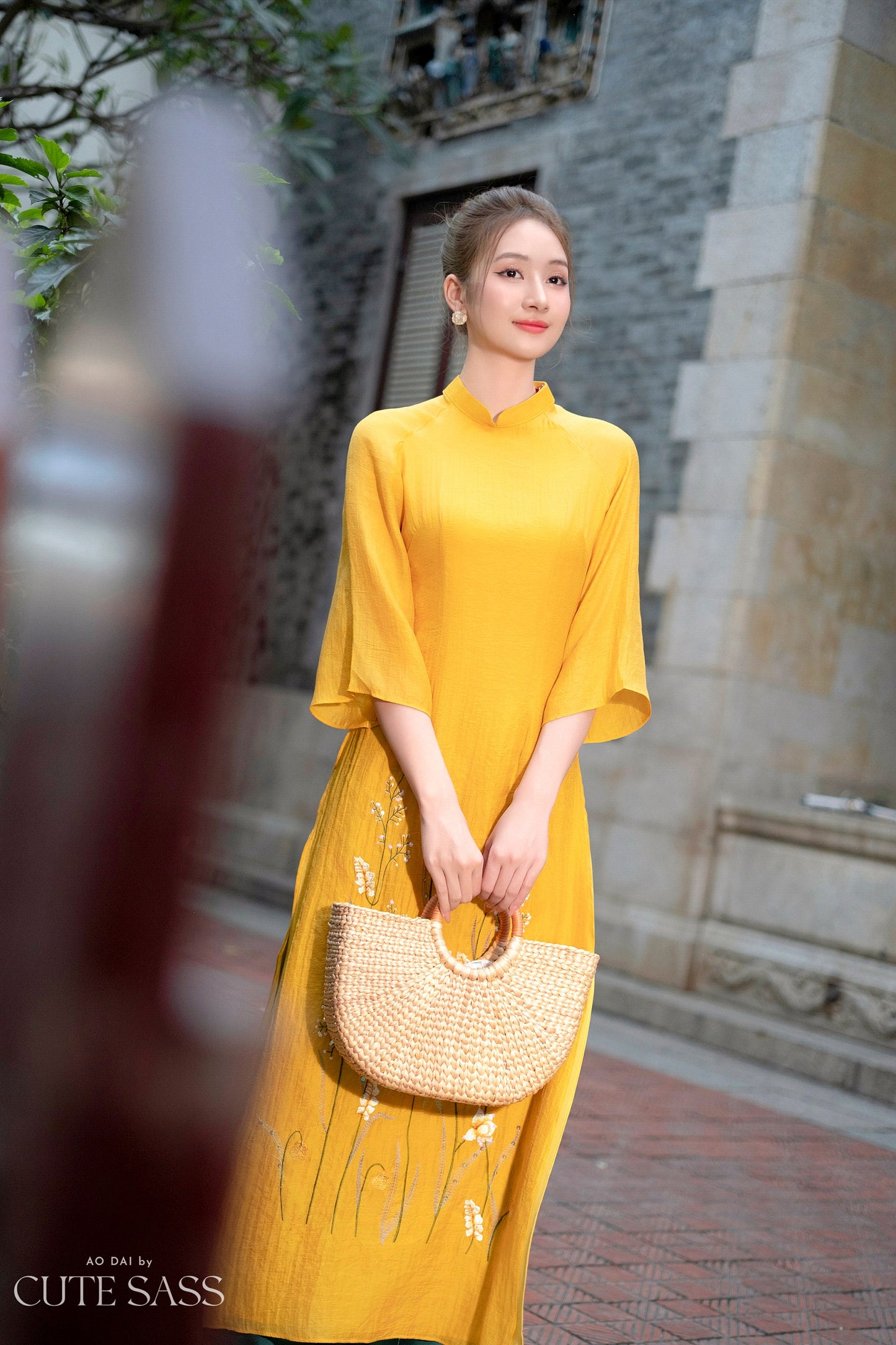 Yellow Embroidery Chiffon Ao Dai Set |Pre-made Modernized Vietnamese Ao Dai