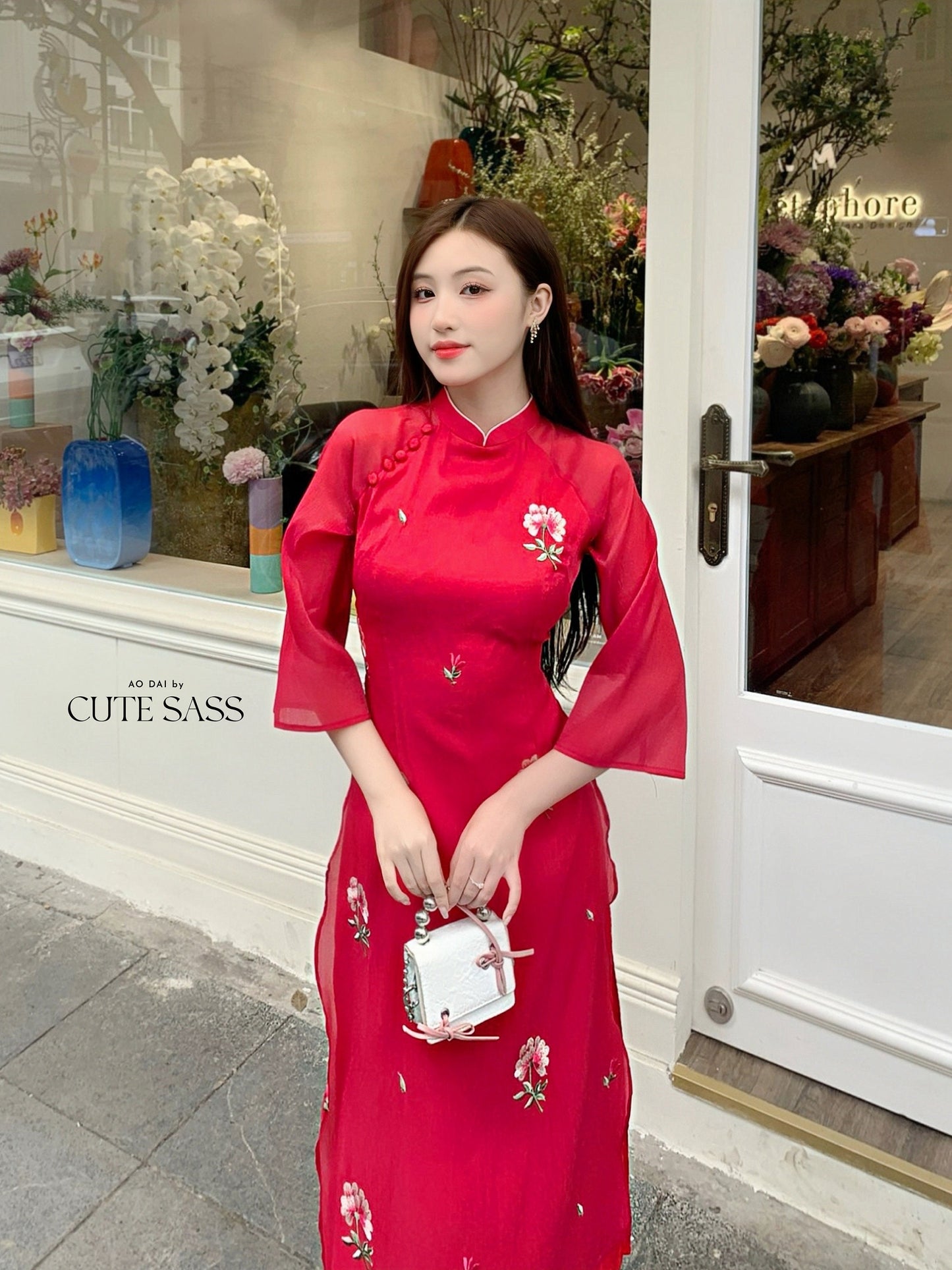 Red Carnation Button Ao Dai Set |Pre-made Modernized Vietnamese Ao Dai| Ao Dai with Pants | Lunar New Year| Ao Dai Truyen Thong|6E