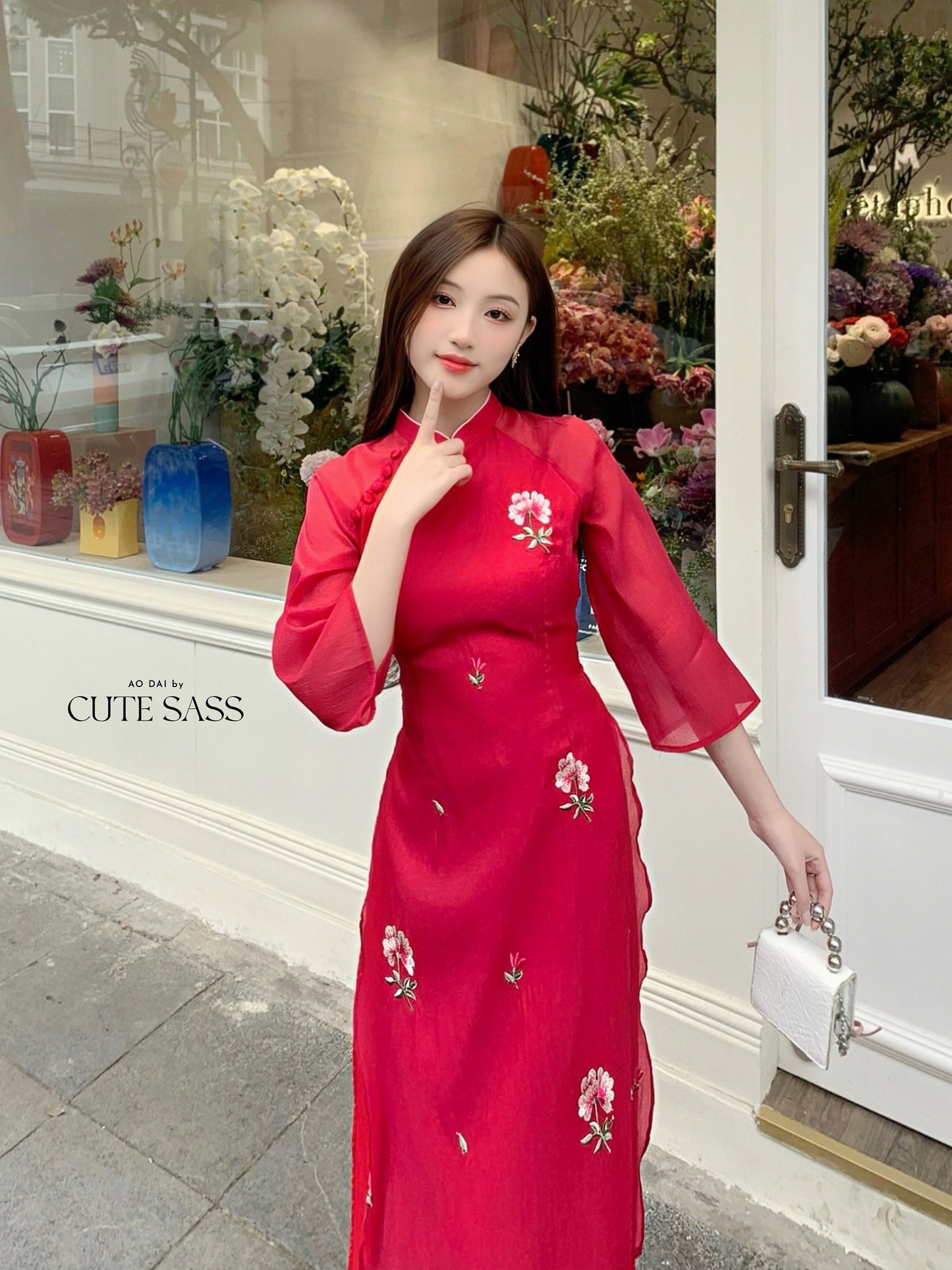 Red Carnation Button Ao Dai Set |Pre-made Modernized Vietnamese Ao Dai| Ao Dai with Pants | Lunar New Year| Ao Dai Truyen Thong|6E