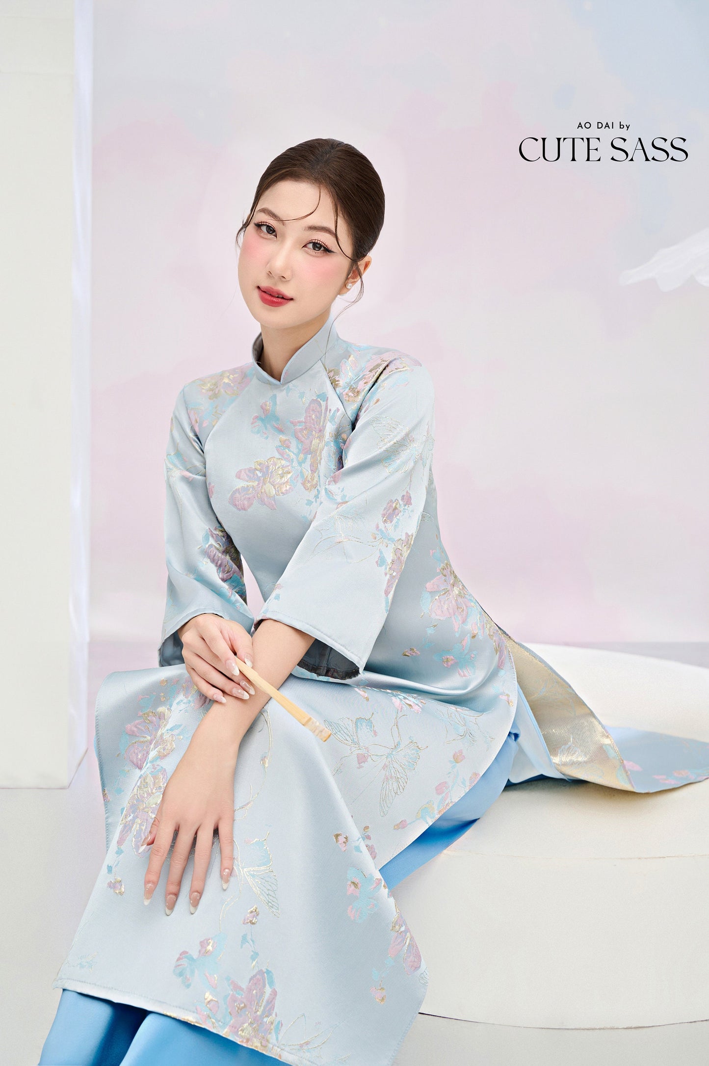 Pastel Blue and Gold Butterfly Garden Shifted Ao Dai Set