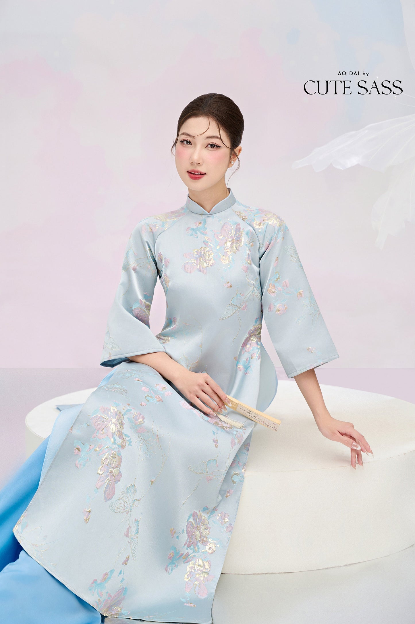 Pastel Blue and Gold Butterfly Garden Shifted Ao Dai Set