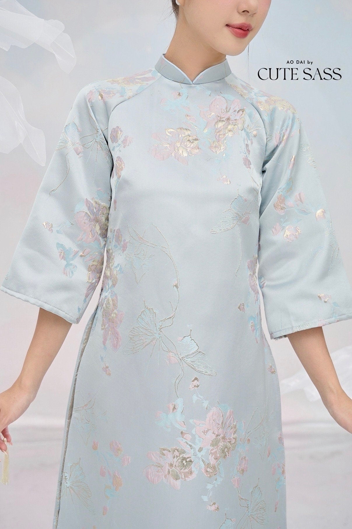 Pastel Blue and Gold Butterfly Garden Shifted Ao Dai Set