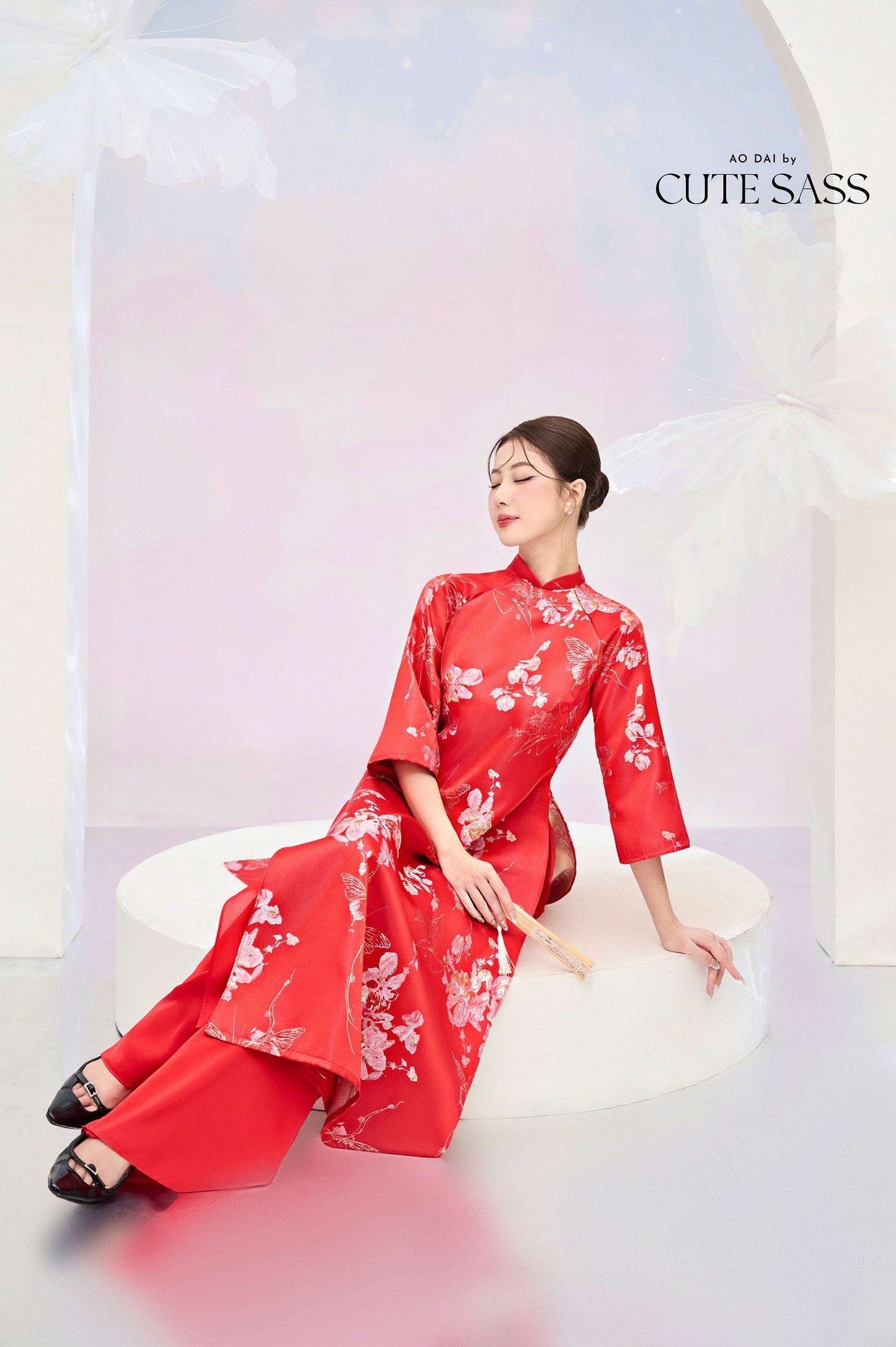 Red and Gold Butterfly Garden Shifted Ao Dai Set |Pre-made Modernized Vietnamese Ao Dai| Lunar New Year| Ao Dai Truyen Thong| 1-2D