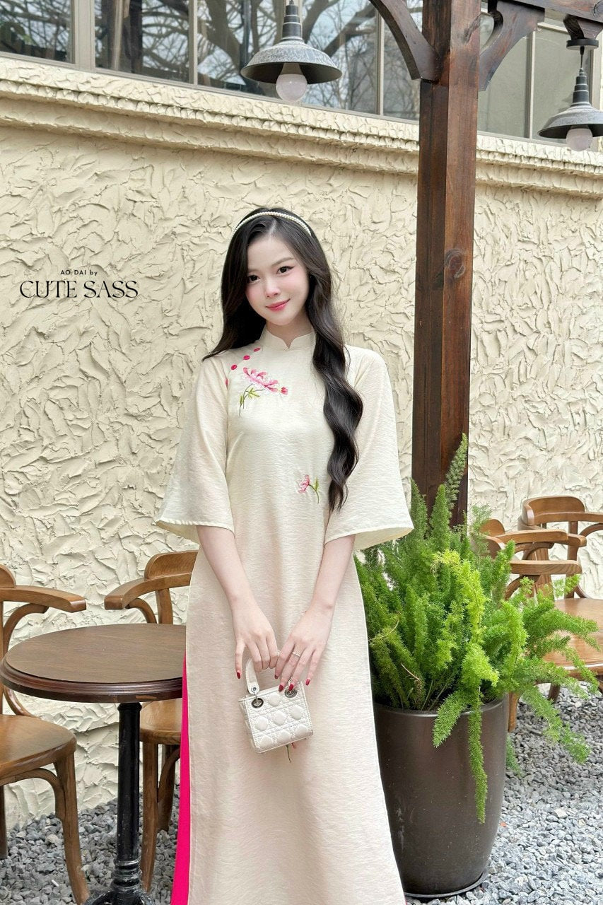 Cream Button Embroidery Ao Dai Set |Pre-made Modernized Vietnamese Ao Dai| Ao Dai with Pants | Lunar New Year| Ao Dai Truyen Thong|11B