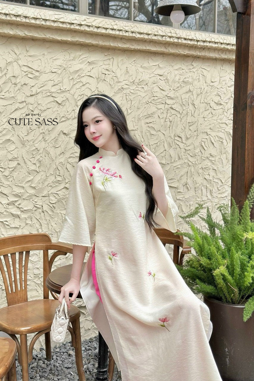 Cream Button Embroidery Ao Dai Set |Pre-made Modernized Vietnamese Ao Dai| Ao Dai with Pants | Lunar New Year| Ao Dai Truyen Thong|11B