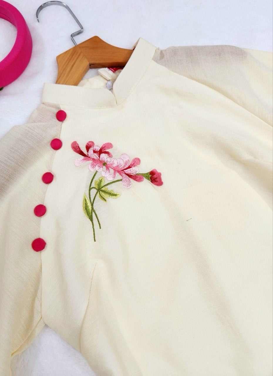Cream Button Embroidery Ao Dai Set |Pre-made Modernized Vietnamese Ao Dai| Ao Dai with Pants | Lunar New Year| Ao Dai Truyen Thong|11B