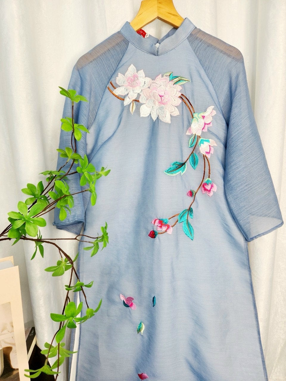 Blue Embroidery Blossoms Ao Dai Set |Pre-made Modernized Vietnamese Ao Dai| Ao Dai with Pants | Lunar New Year| Ao Dai Truyen Thong|11-12B