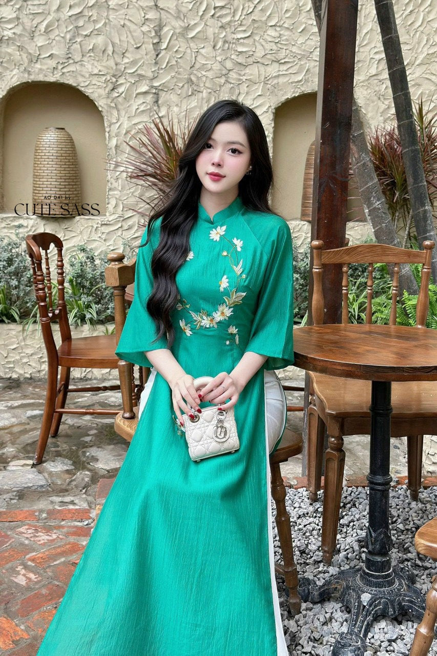 Royal Green Chiffon Ao Dai Set |Pre-made Modernized Vietnamese Ao Dai| Ao Dai with Pants | Lunar New Year| Ao Dai Truyen Thong|11A