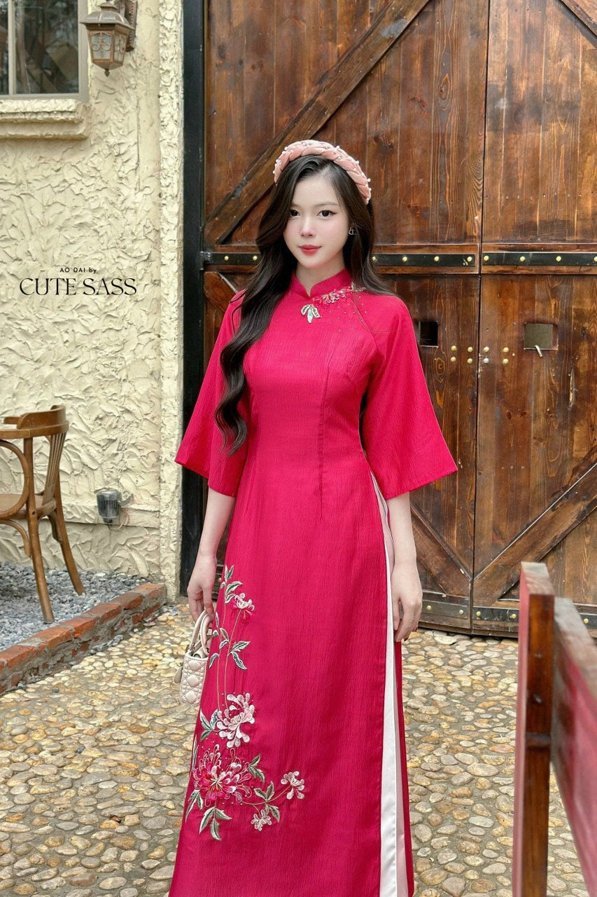 Fuchsia Chiffon Embroidery Ao Dai Set |Pre-made Modernized Vietnamese Ao Dai| Ao Dai with Pants | Lunar New Year| Ao Dai Truyen Thong|11A