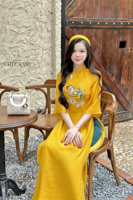 Yellow Butterfly Embroidery Ao Dai Set |Pre-made Modernized Vietnamese Ao Dai| Ao Dai with Pants | Lunar New Year| Ao Dai Truyen Thong|11A