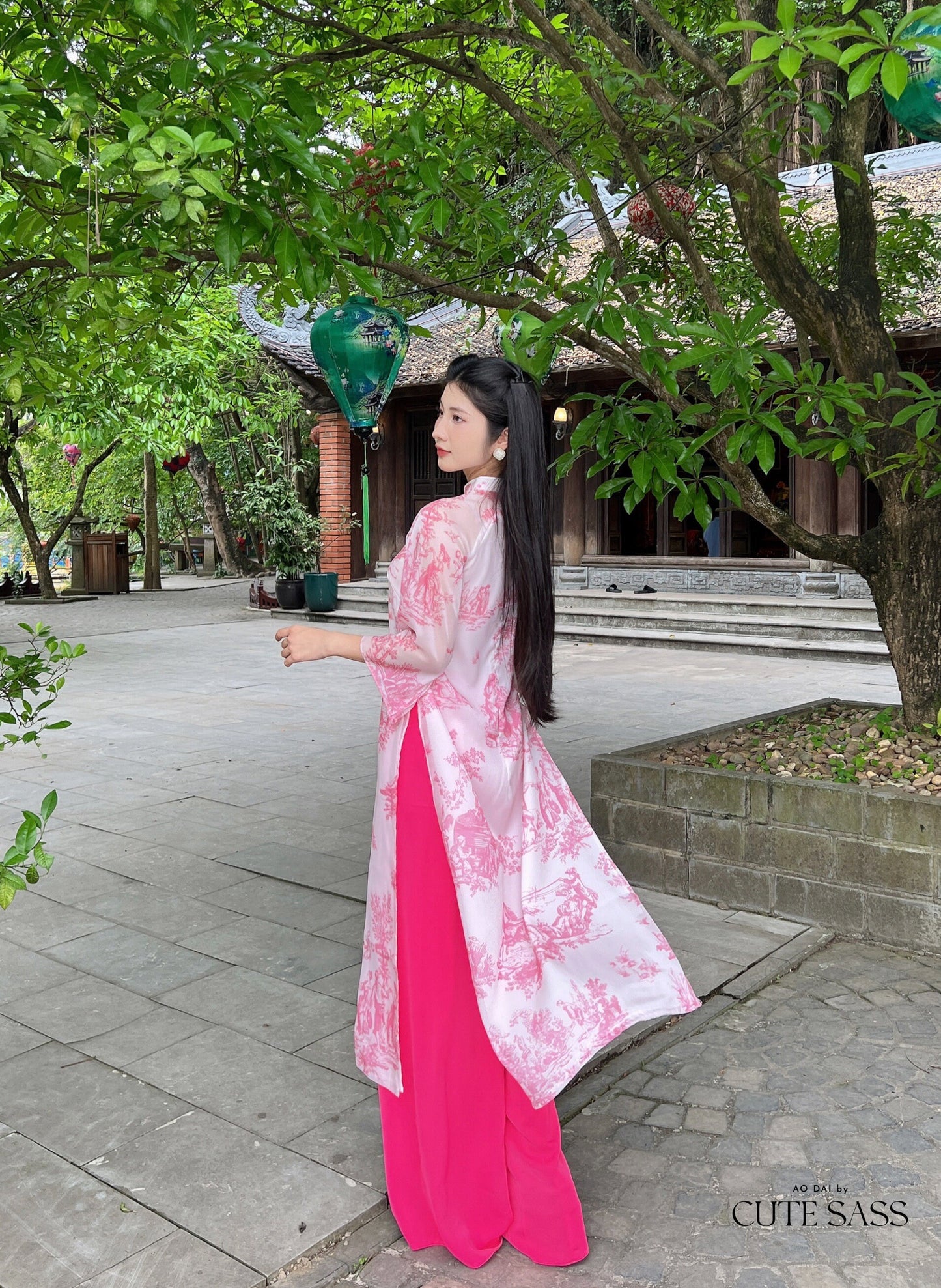 Pink Printed Scenery Ao Dai Set |Pre-made Modernized Vietnamese Ao Dai| Ao Dai with Pants | Lunar New Year| Ao Dai Truyen Thong| 31A