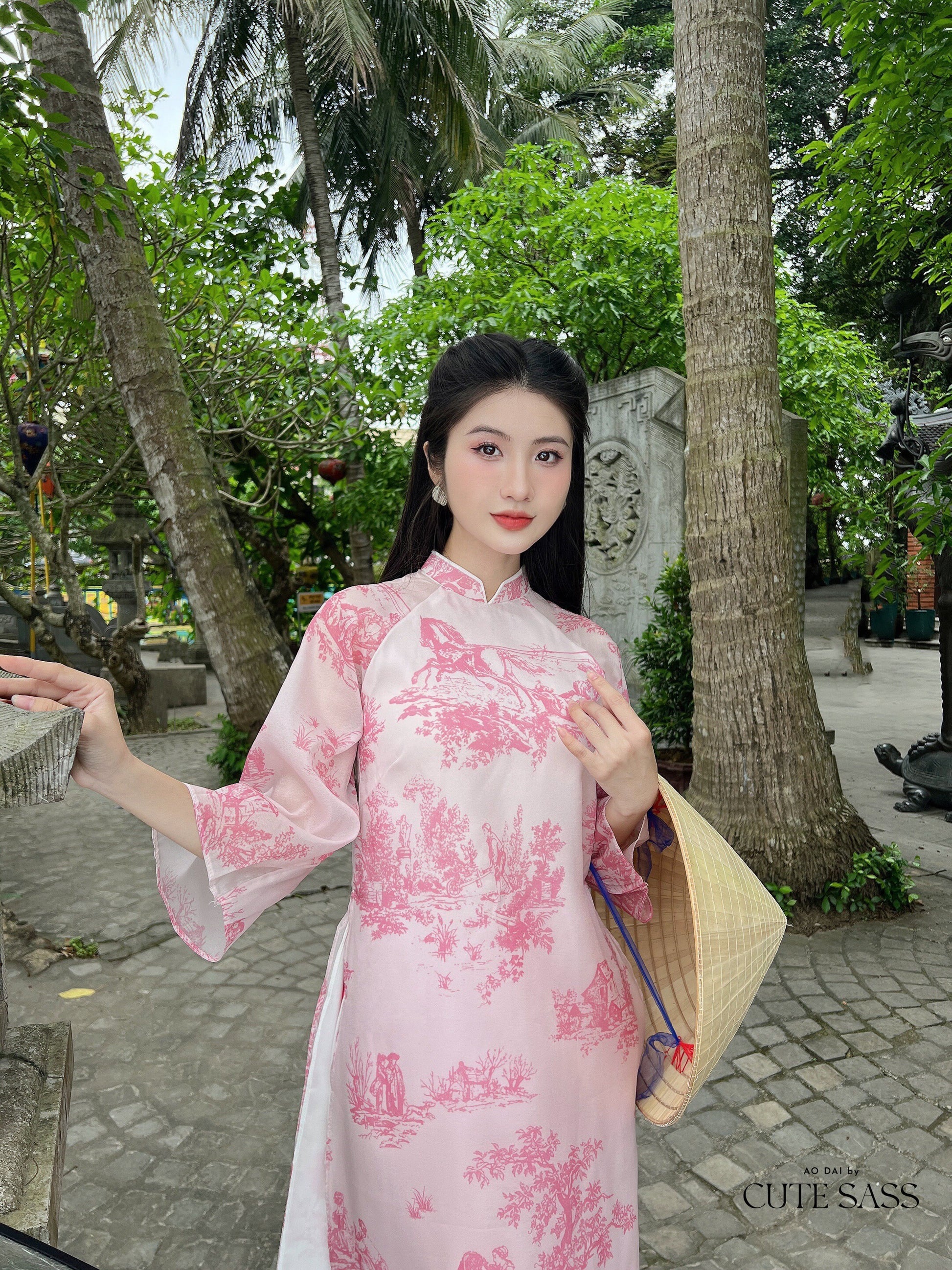 Pink Printed Scenery Ao Dai Set |Pre-made Modernized Vietnamese Ao Dai| Ao Dai with Pants | Lunar New Year| Ao Dai Truyen Thong| 31A