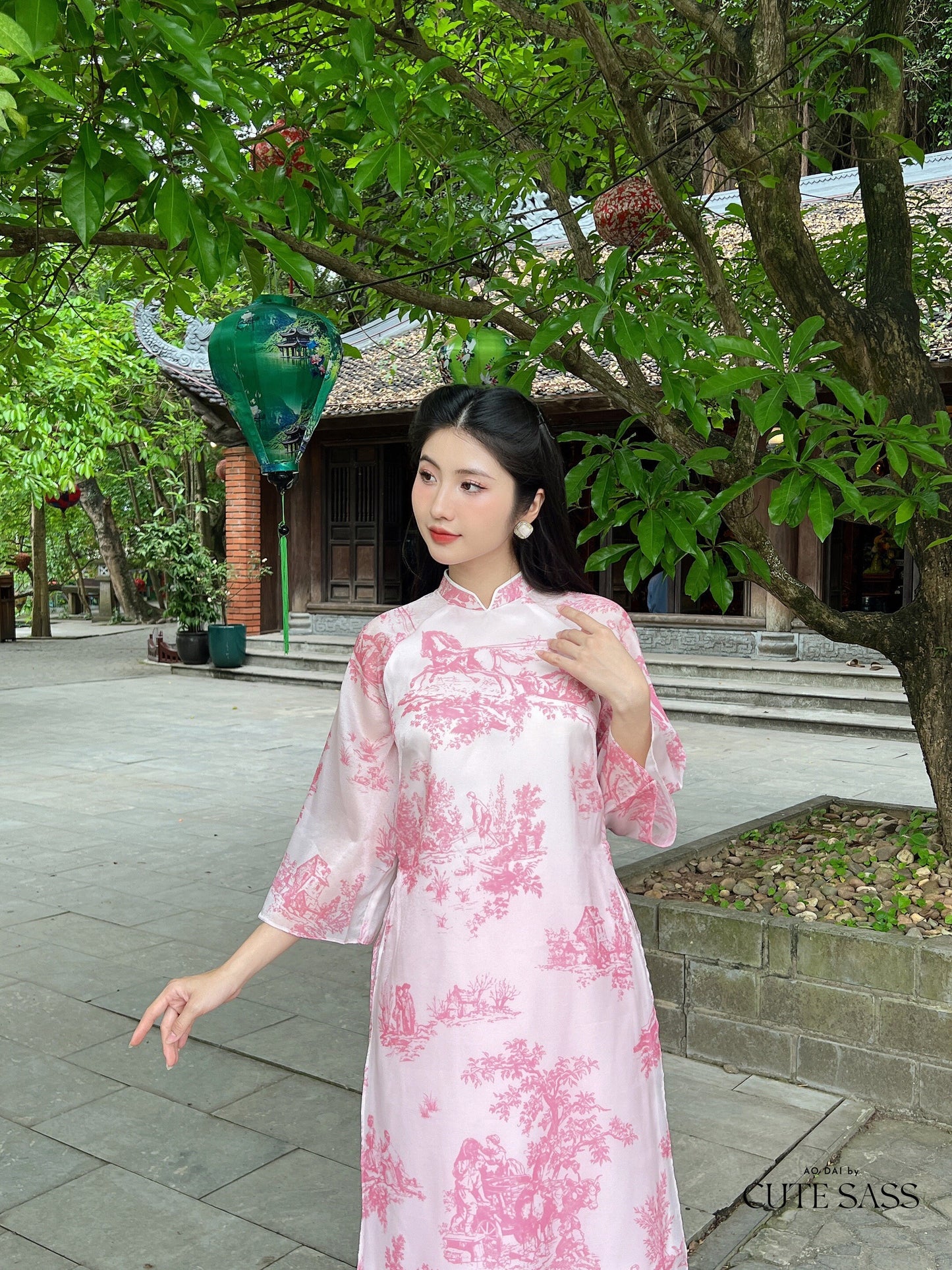 Pink Printed Scenery Ao Dai Set |Pre-made Modernized Vietnamese Ao Dai| Ao Dai with Pants | Lunar New Year| Ao Dai Truyen Thong| 31A