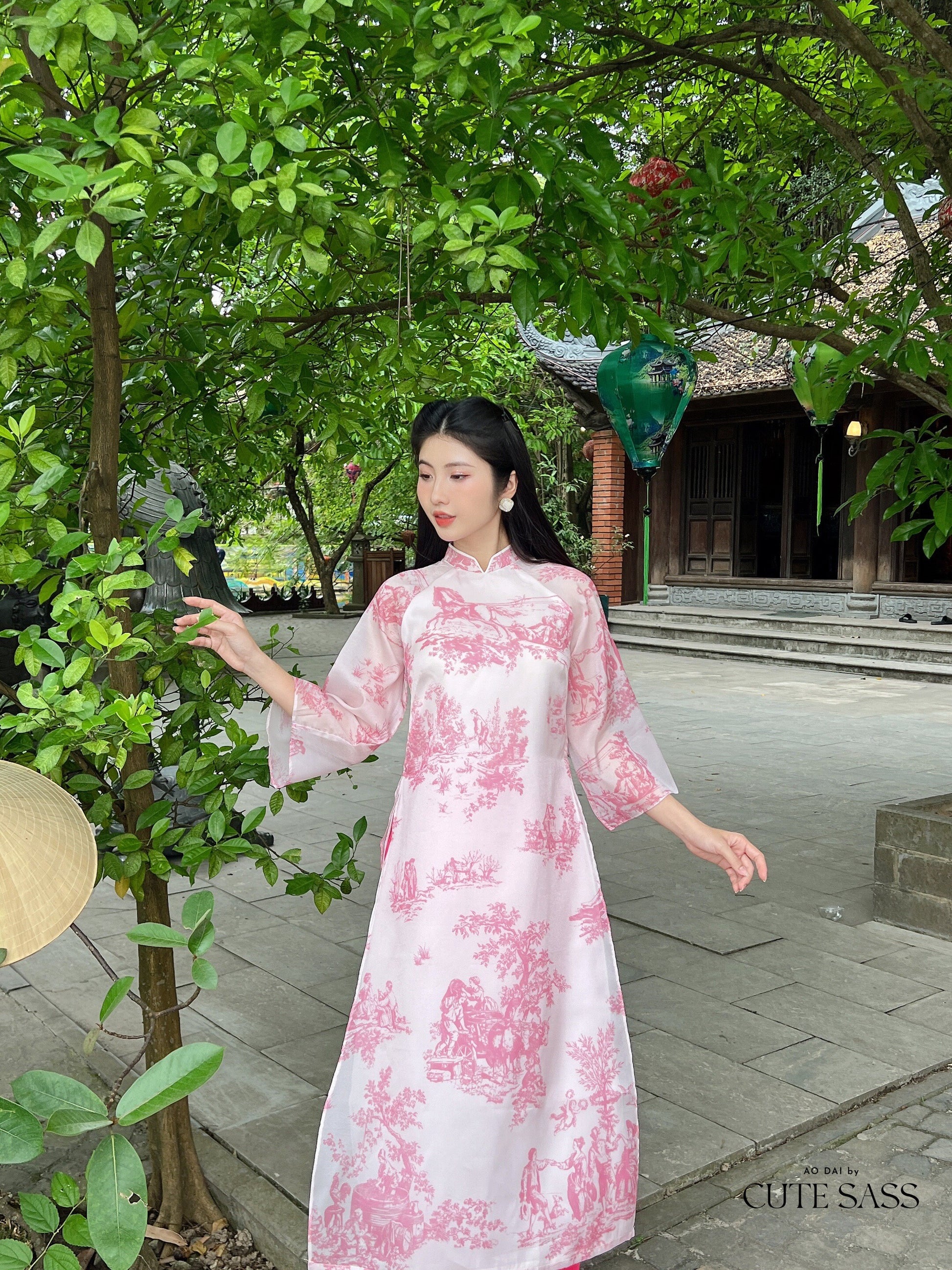 Pink Printed Scenery Ao Dai Set |Pre-made Modernized Vietnamese Ao Dai| Ao Dai with Pants | Lunar New Year| Ao Dai Truyen Thong| 31A