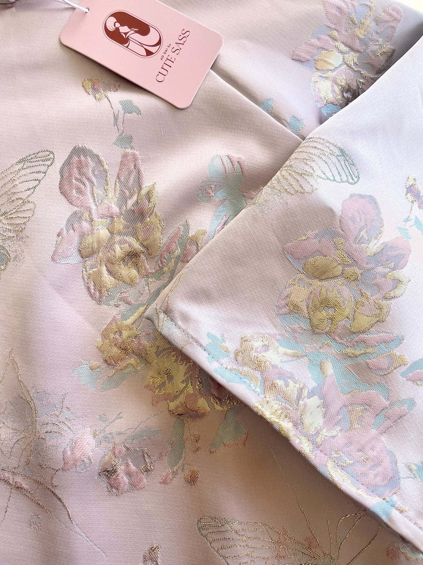 Pastel Blue and Gold Butterfly Garden Shifted Ao Dai Set