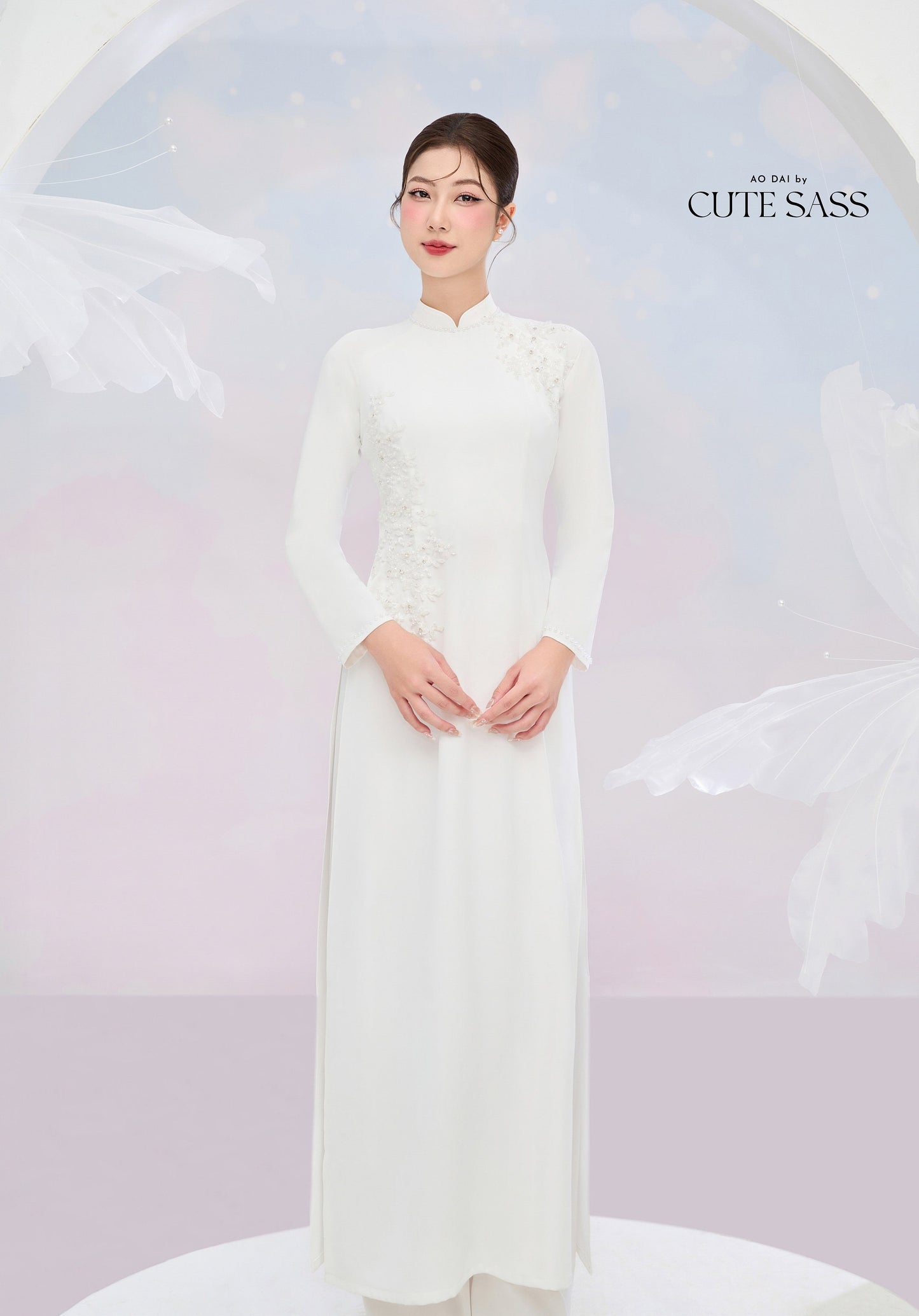 Tinh Kỳ - Jeweled Pearls Ao Dai Set M1|Pre-made Traditional Vietnamese Ao Dai|Ao Dai with Pants|Graduaion | Bridal |Ao Dai Truyen Thong|