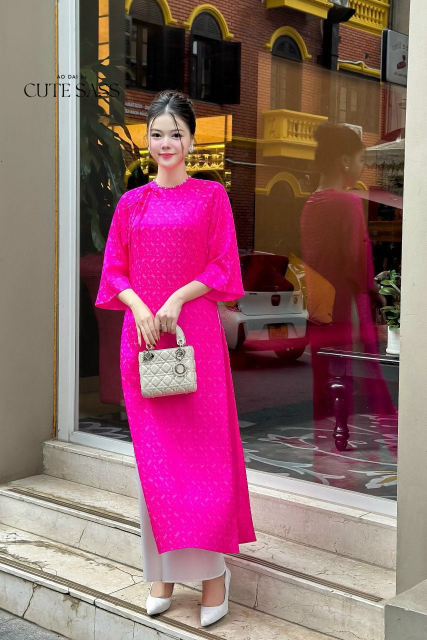 Palm Patterned Gam with Pearl Neckline Ao Dai Set |Pre-made Modernized Vietnamese Ao Dai with Pants | Lunar New Year |8E,D