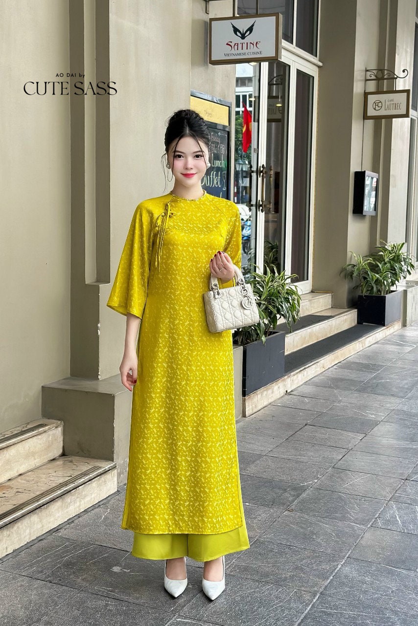 Palm Patterned Gam with Pearl Neckline Ao Dai Set |Pre-made Modernized Vietnamese Ao Dai with Pants | Lunar New Year |8E,D