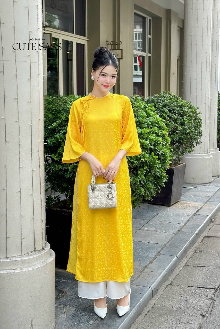 Palm Patterned Gam with Pearl Neckline Ao Dai Set |Pre-made Modernized Vietnamese Ao Dai with Pants | Lunar New Year |8E,D