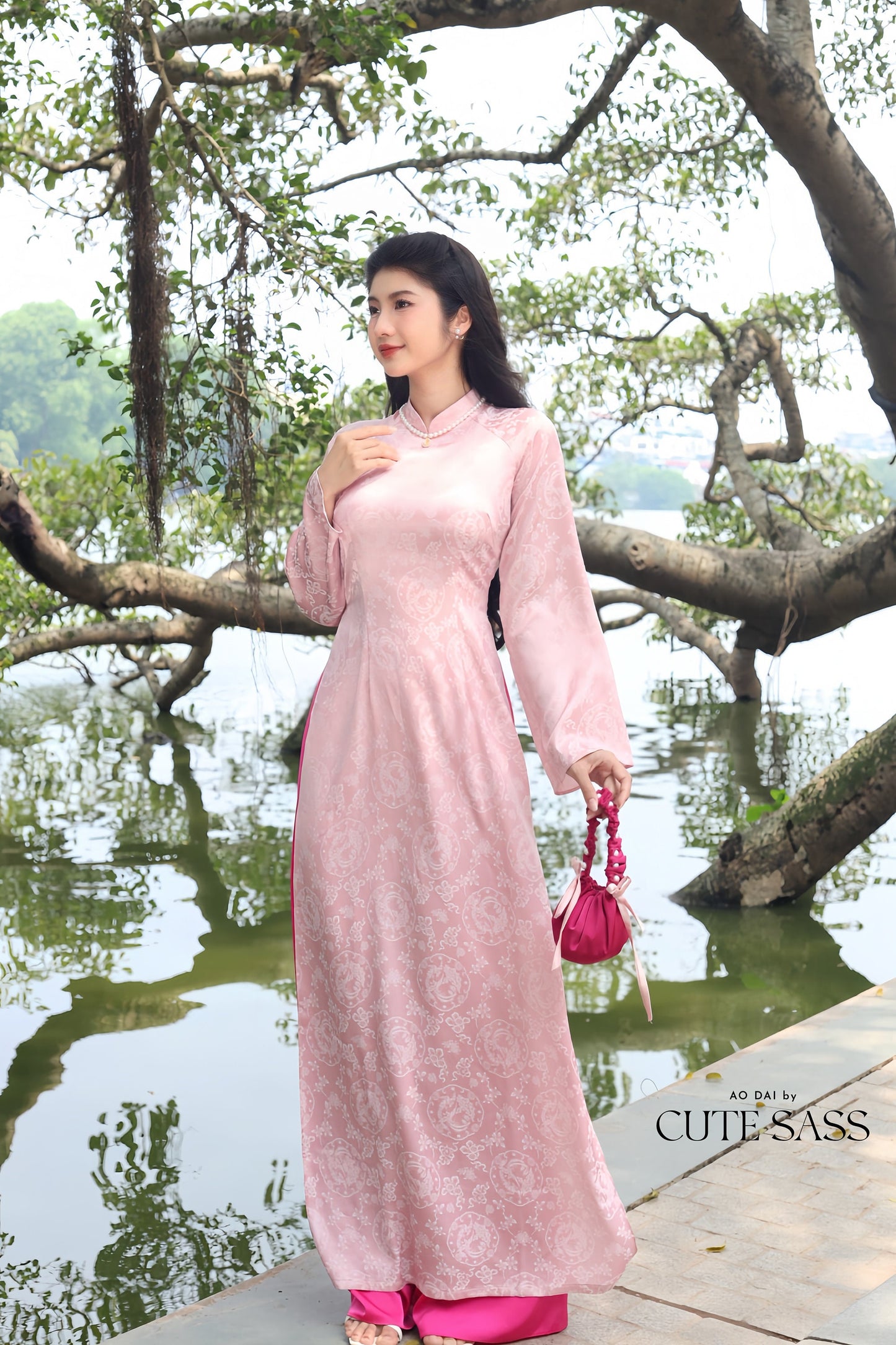 Light Pink Wreath Pattern Gam Ao Dai Set Wide Sleeves | Pre-made Vietnamese Ao Dai| Women Ao Dai | Lunar New Year| Ao Dai Truyen Thong|13D