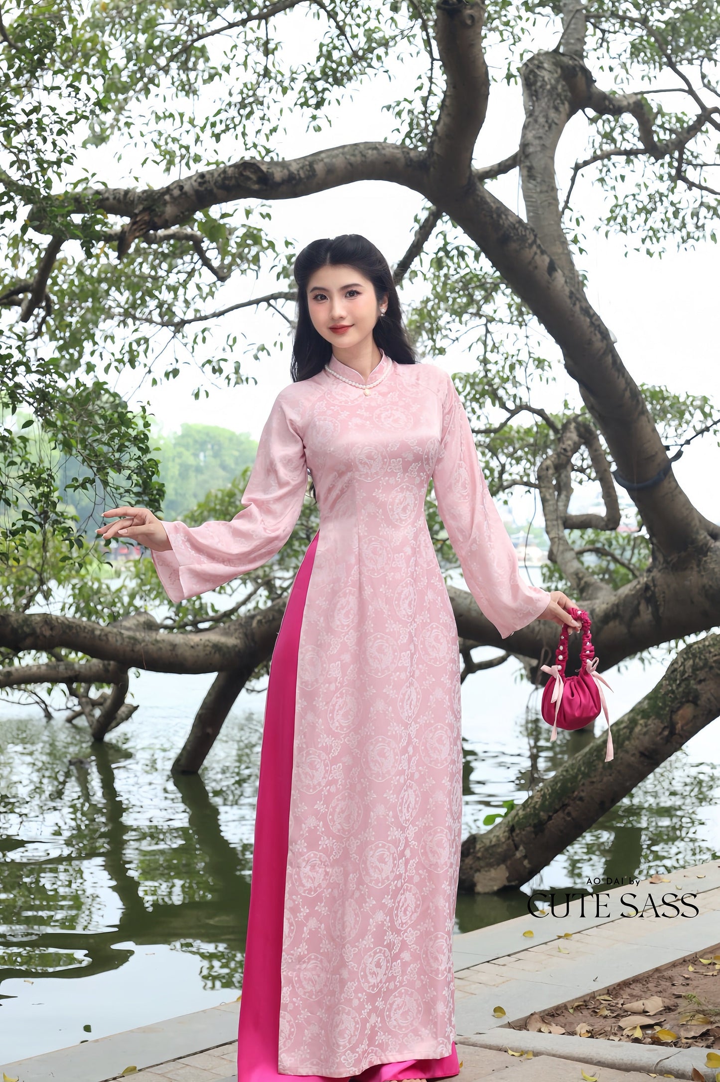 Light Pink Wreath Pattern Gam Ao Dai Set Wide Sleeves | Pre-made Vietnamese Ao Dai| Women Ao Dai | Lunar New Year| Ao Dai Truyen Thong|13D