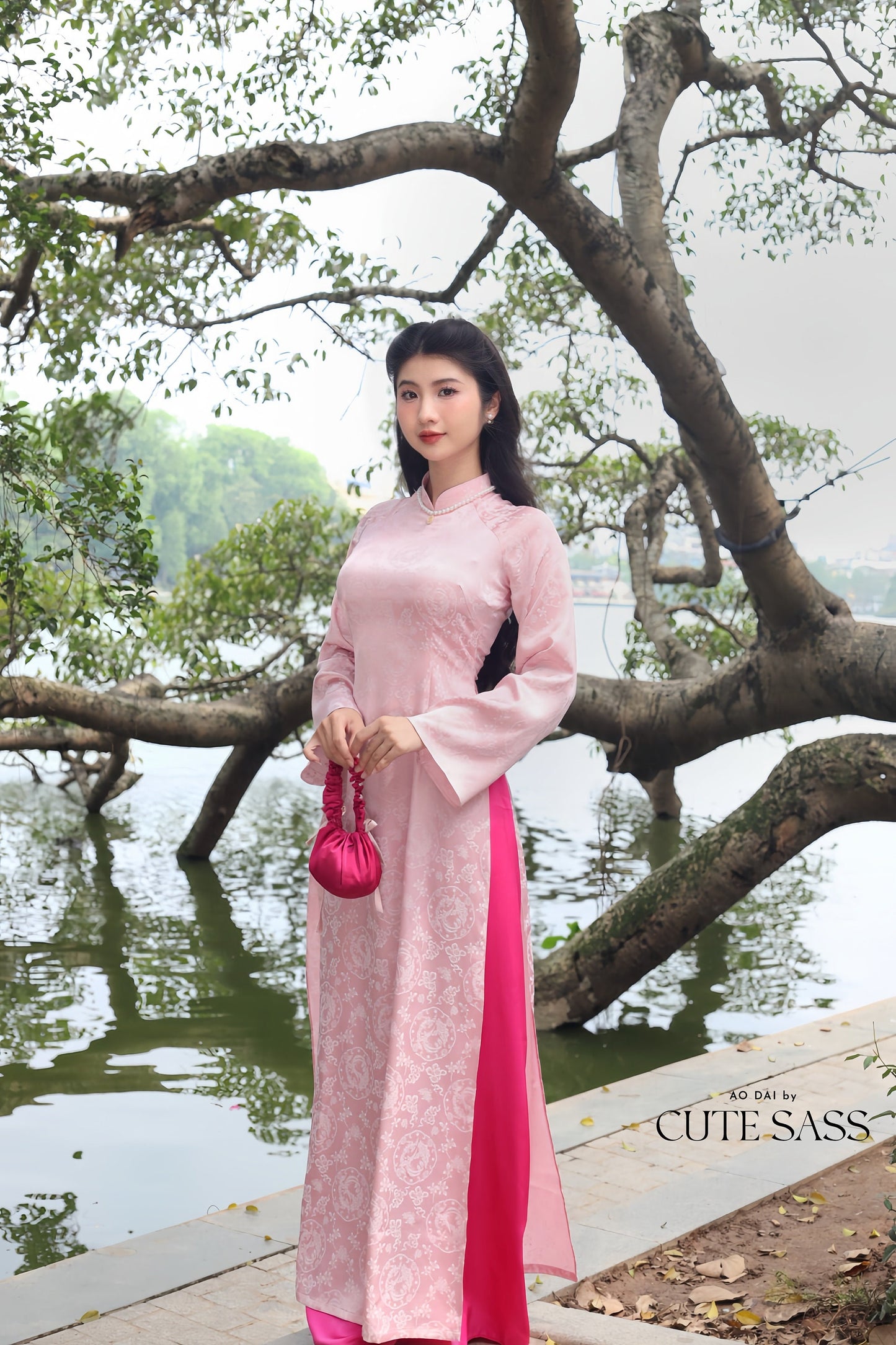 Light Pink Wreath Pattern Gam Ao Dai Set Wide Sleeves | Pre-made Vietnamese Ao Dai| Women Ao Dai | Lunar New Year| Ao Dai Truyen Thong|13D