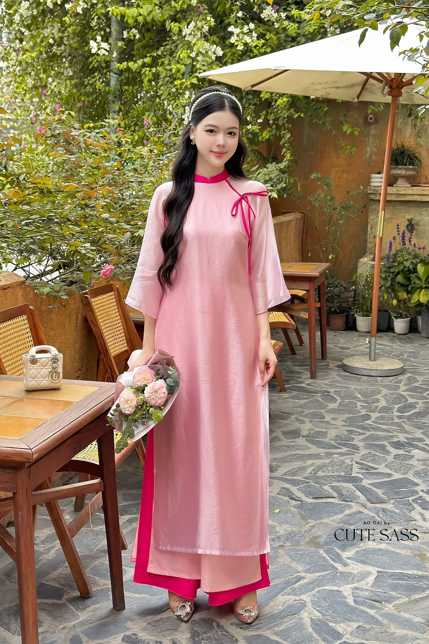 Sheer Shifted Chiffon Bow Ao Dai Set (3 Colors) |Pre-made Modernized Vietnamese Ao Dai| Ao Dai with Pants | Lunar New Year|33B,34-36C